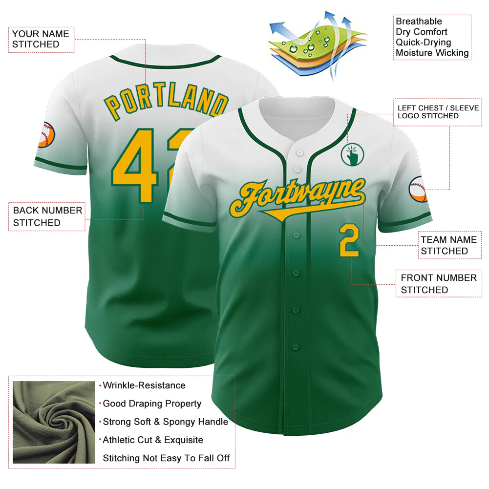 Custom White Gold-Kelly Green Authentic Fade Fashion Baseball Jersey - Image 3