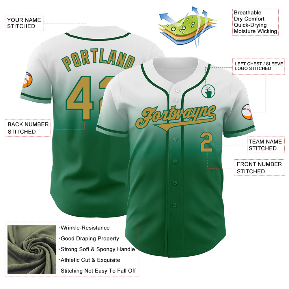 Custom White Old Gold-Kelly Green Authentic Fade Fashion Baseball Jersey - Image 3