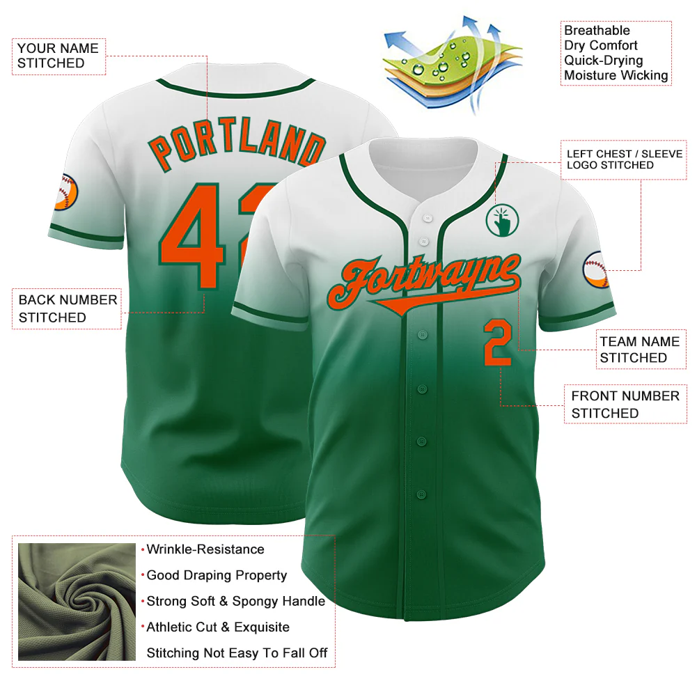 Custom White Orange-Kelly Green Authentic Fade Fashion Baseball Jersey - Image 3