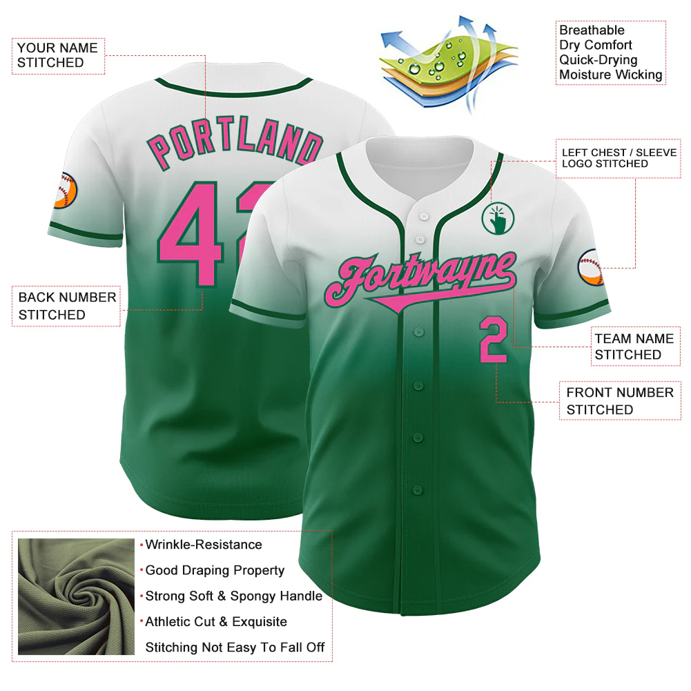 Custom White Pink-Kelly Green Authentic Fade Fashion Baseball Jersey - Image 3
