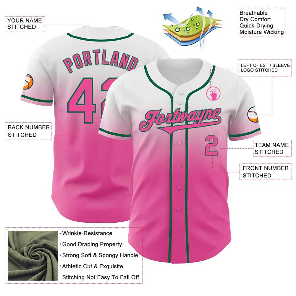 Custom White Pink-Kelly Green Authentic Fade Fashion Baseball Jersey - Image 3