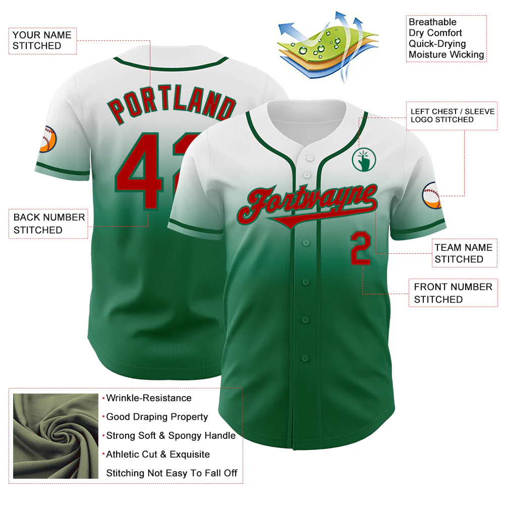 Custom White Red-Kelly Green Authentic Fade Fashion Baseball Jersey - Image 3