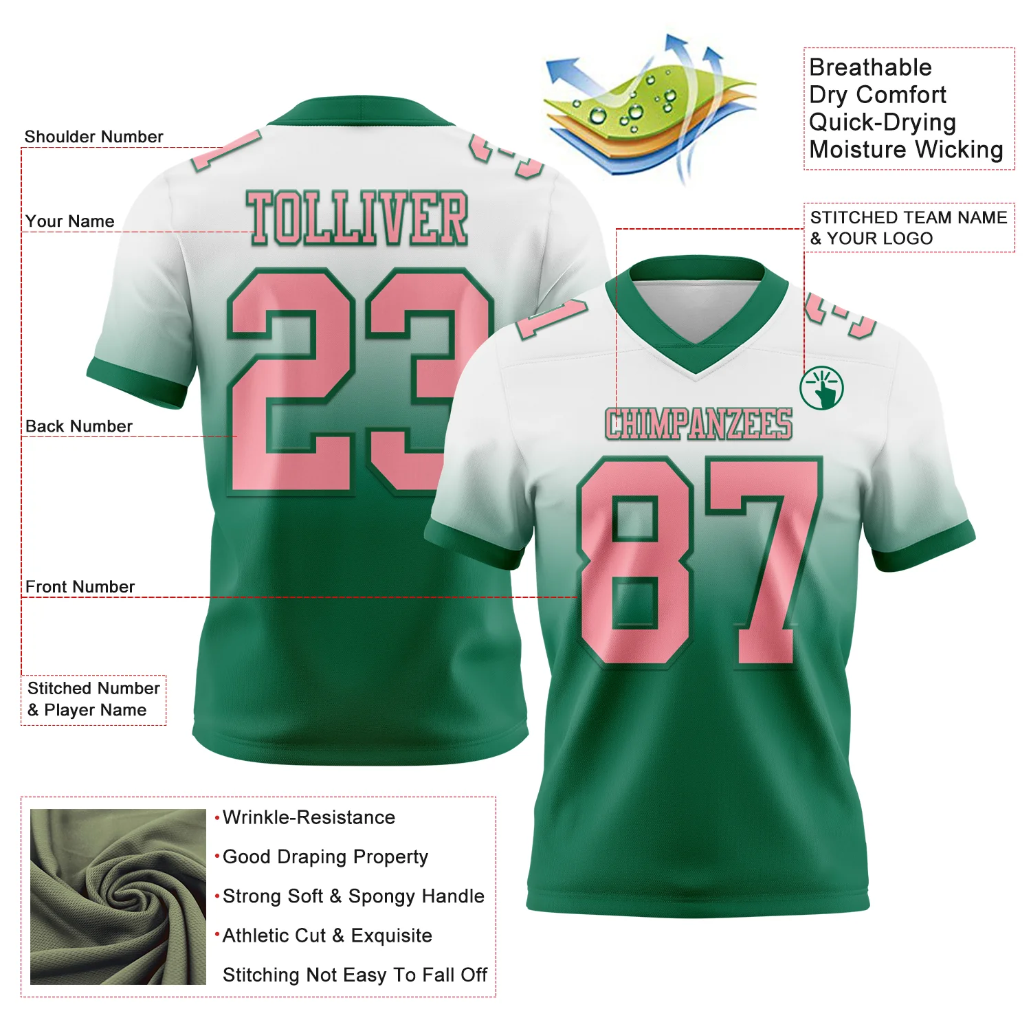Custom White Medium Pink-Kelly Green Authentic Fade Fashion Football Jersey - Image 2