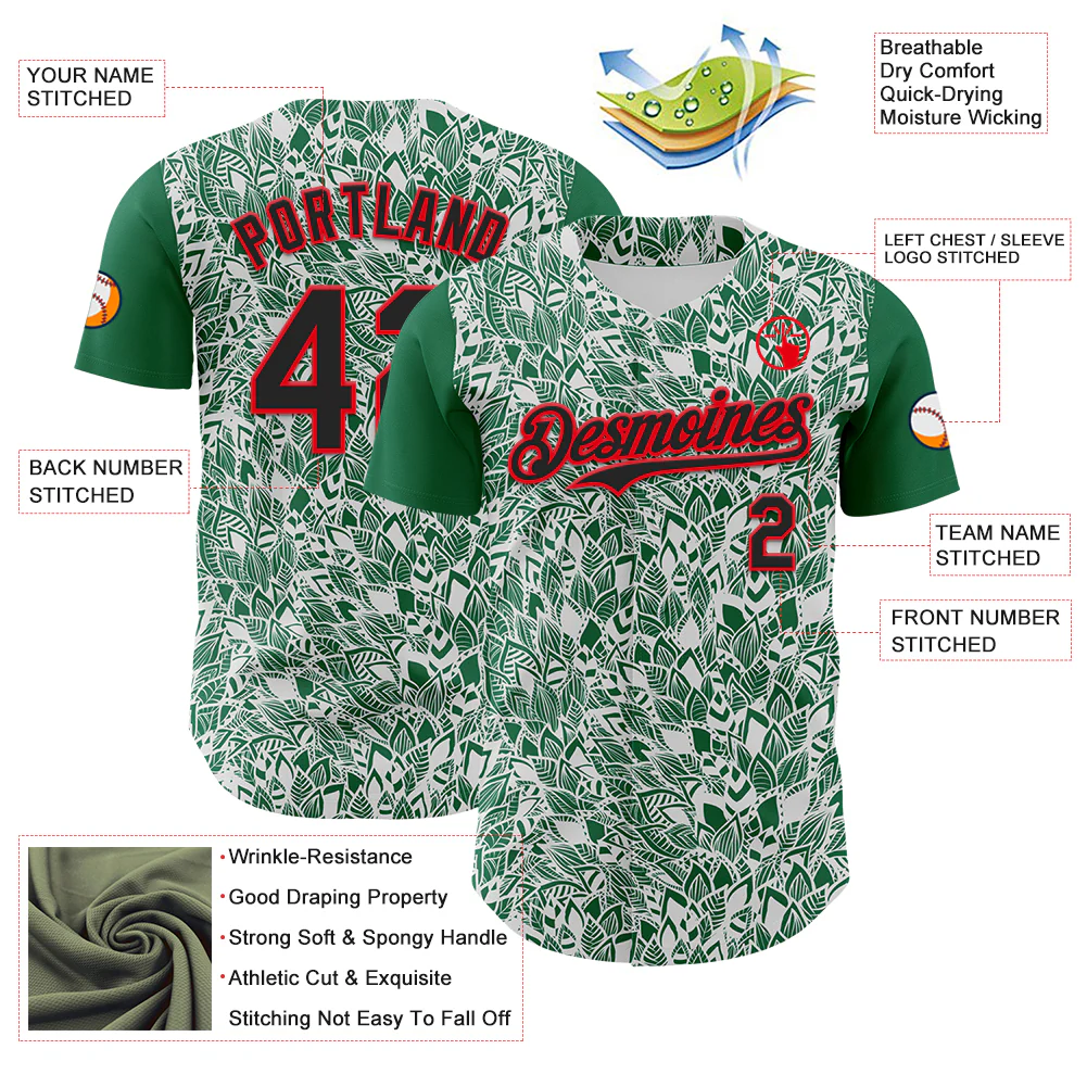 Custom White Black Kelly Green-Fire Red 3D Polynesian Style Islander Authentic Baseball Jersey - Image 3