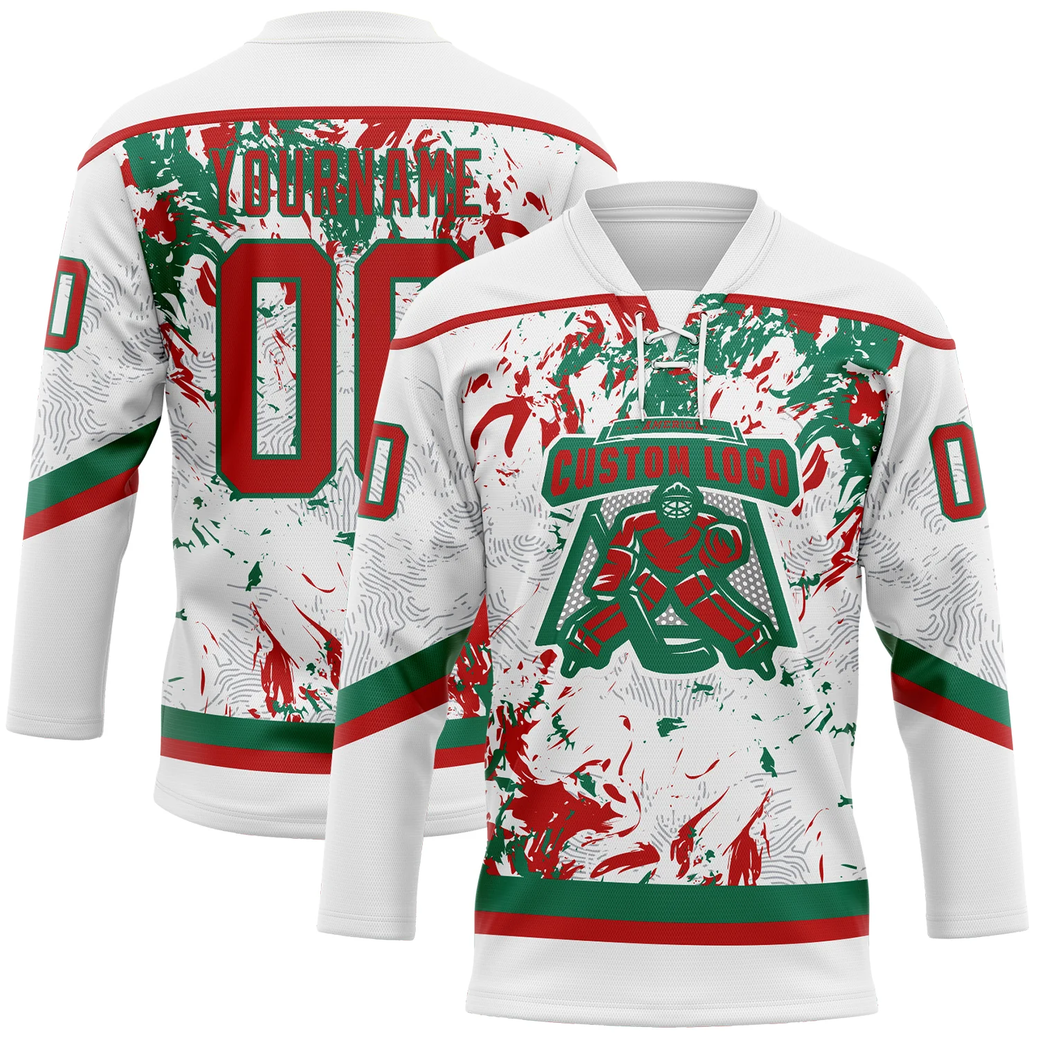 Custom White Red-Kelly Green 3D Fluid Art Splash Hockey Lace Neck Jersey - Image 2