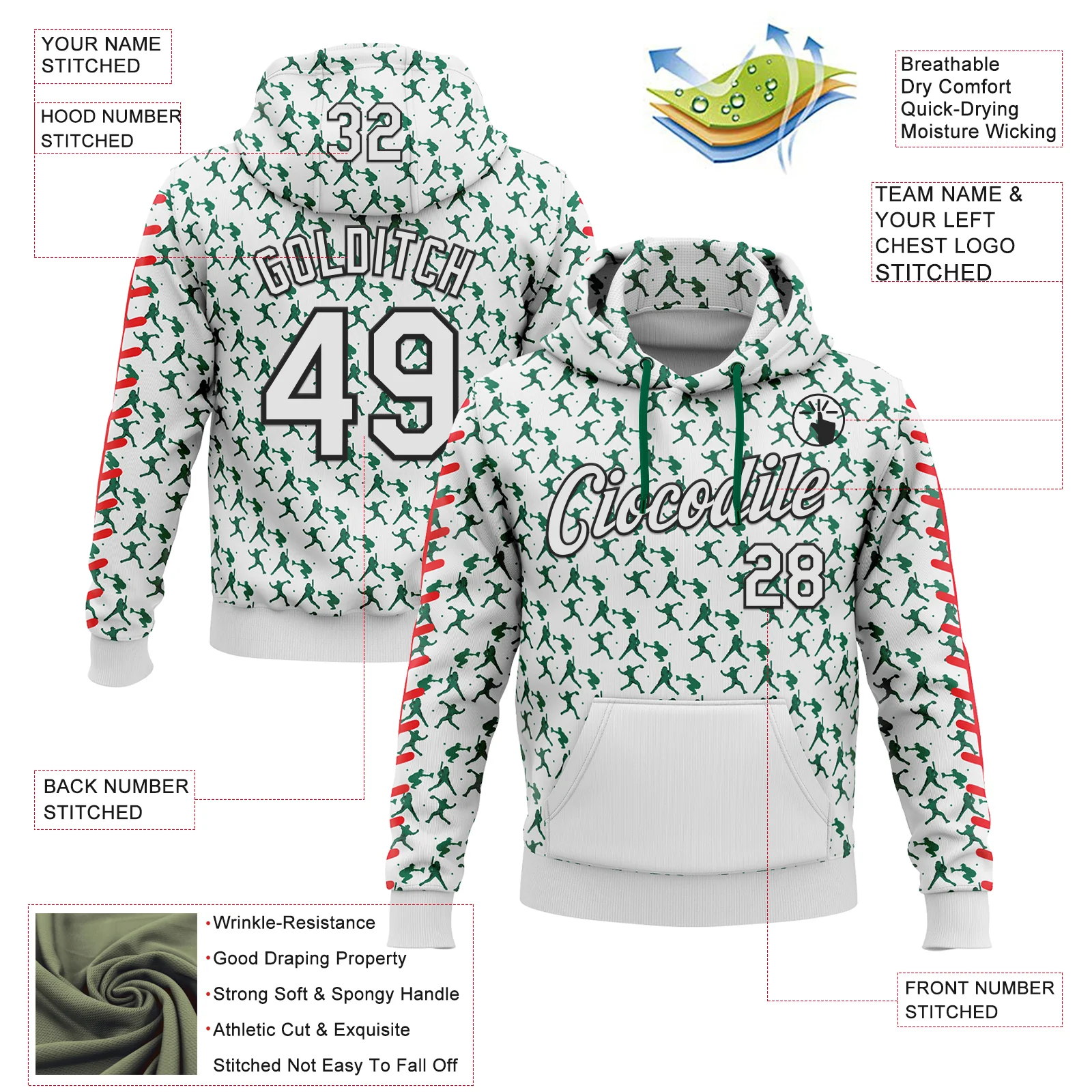 Custom Stitched White Kelly Green Red-Black Baseball Game Day New York Inspired Sports Pullover Sweatshirt Hoodie - Image 4
