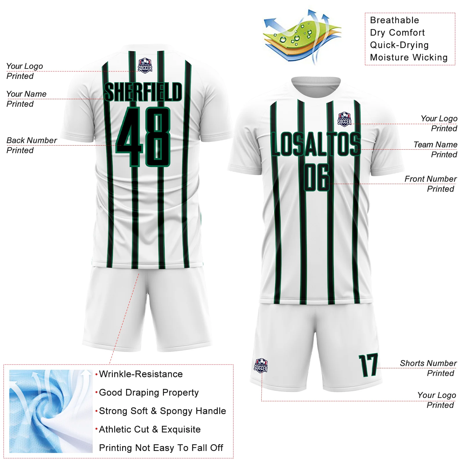 Custom White Black-Kelly Green Stripe Line Sublimation Soccer Uniform Jersey - Image 4