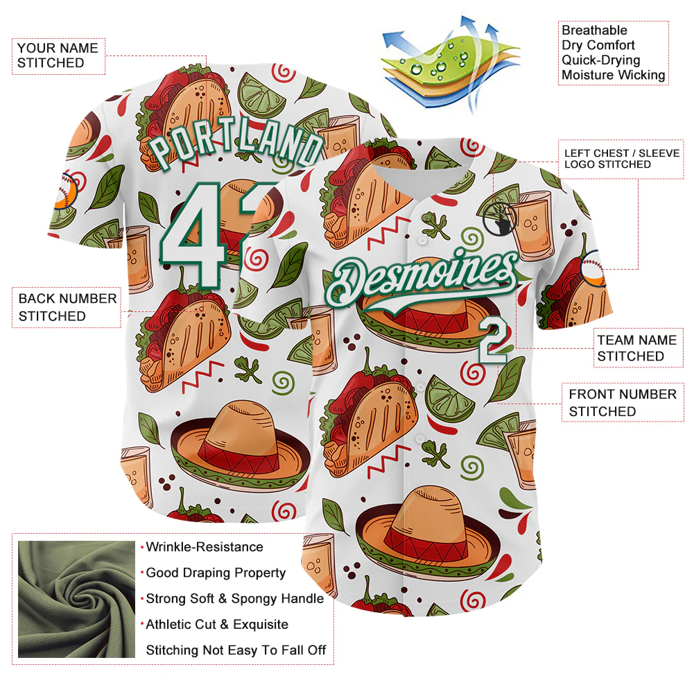 Custom White Kelly Green 3D Mexican Festival Tacos And Sombrero Cinco de Mayo Authentic Baseball Jersey - Image 3