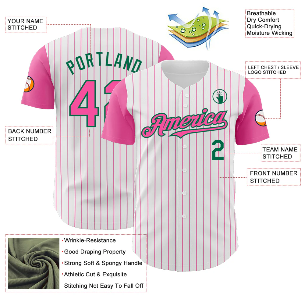 Custom White Pink Pinstripe Kelly Green Authentic Two Tone Baseball Jersey - Image 3