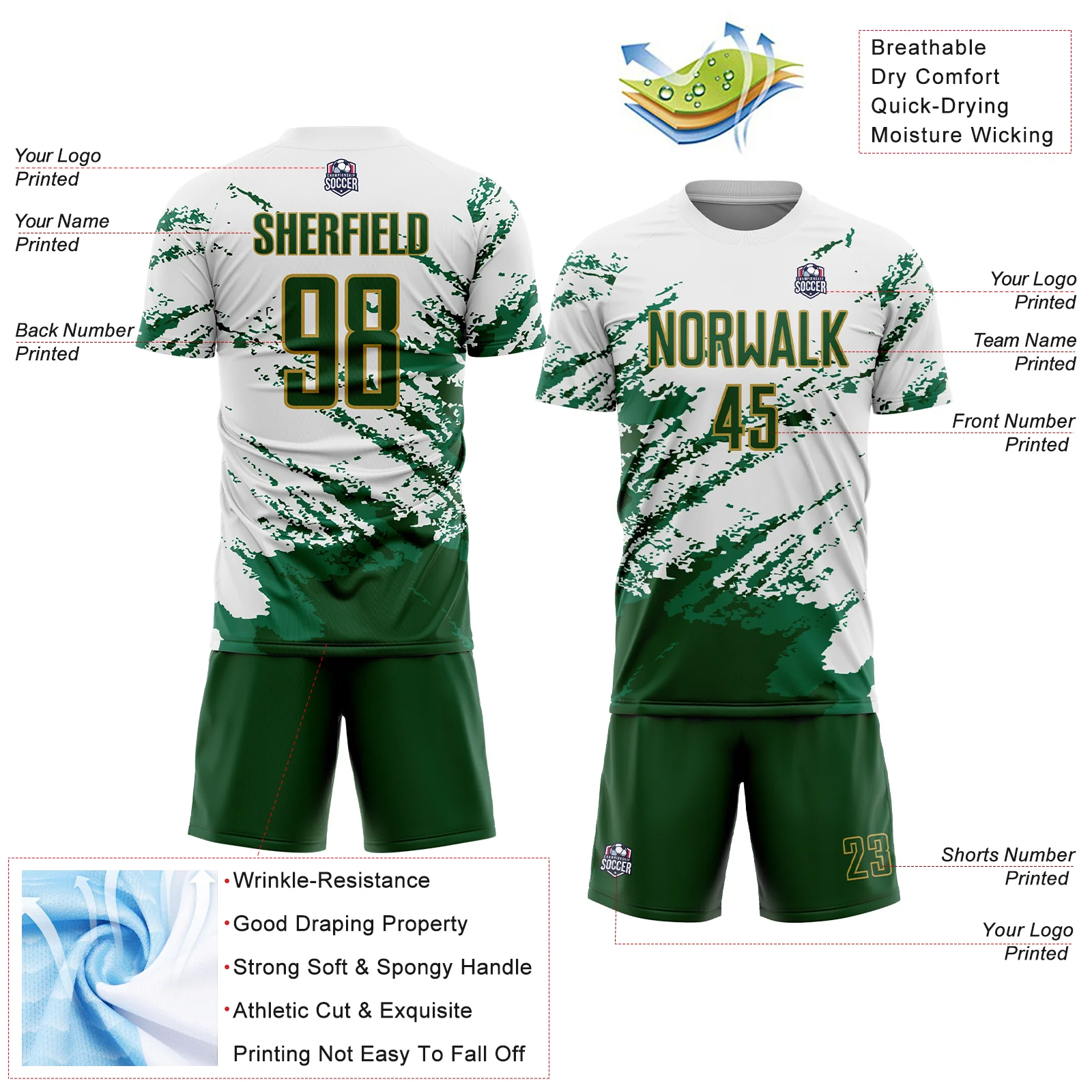 Custom White Green Kelly Green-Gold Abstract Fragment Art Splash Sublimation Soccer Uniform Jersey - Image 4