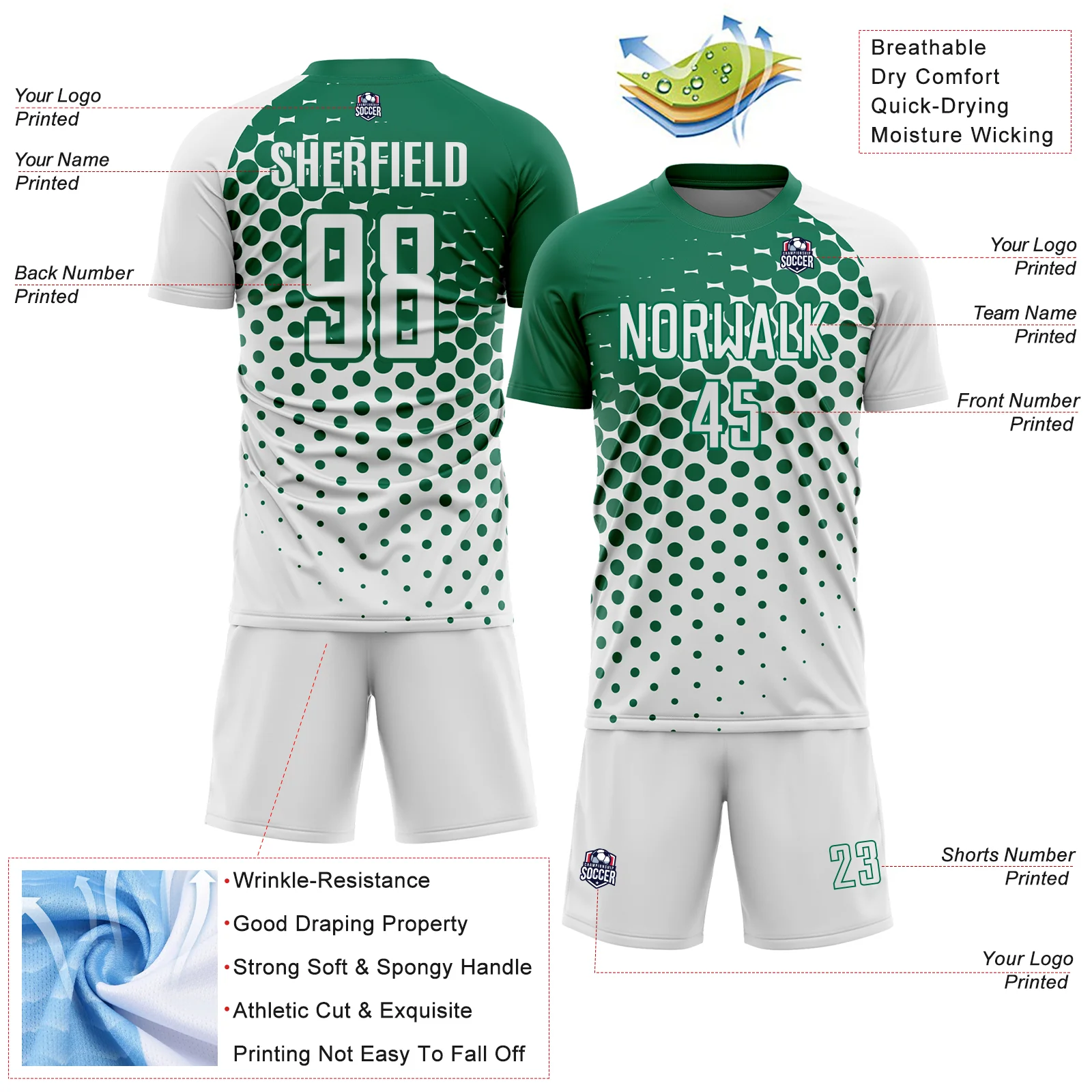 Custom White Kelly Green Modern Polka Dot Sublimation Soccer Uniform Jersey - Image 4