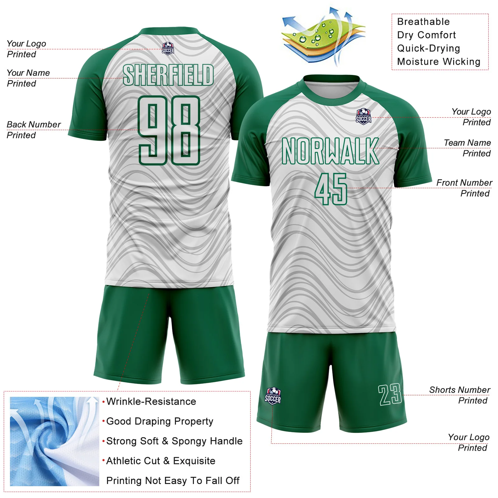Custom White Kelly Green Wavy Lines Sports Sublimation Soccer Uniform Jersey - Image 4