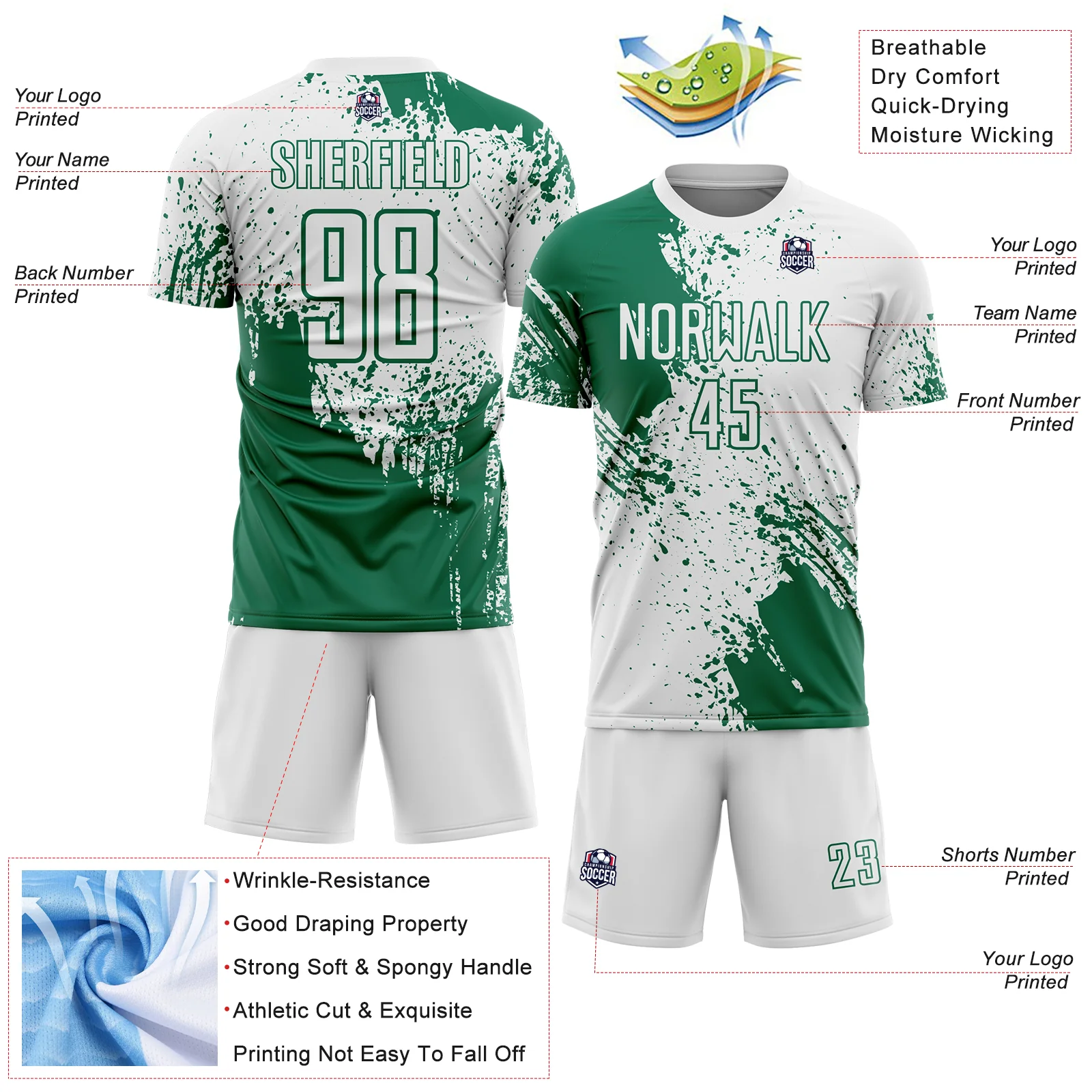 Custom White Kelly Green Abstract Brush Stroke Sports Sublimation Soccer Uniform Jersey - Image 4