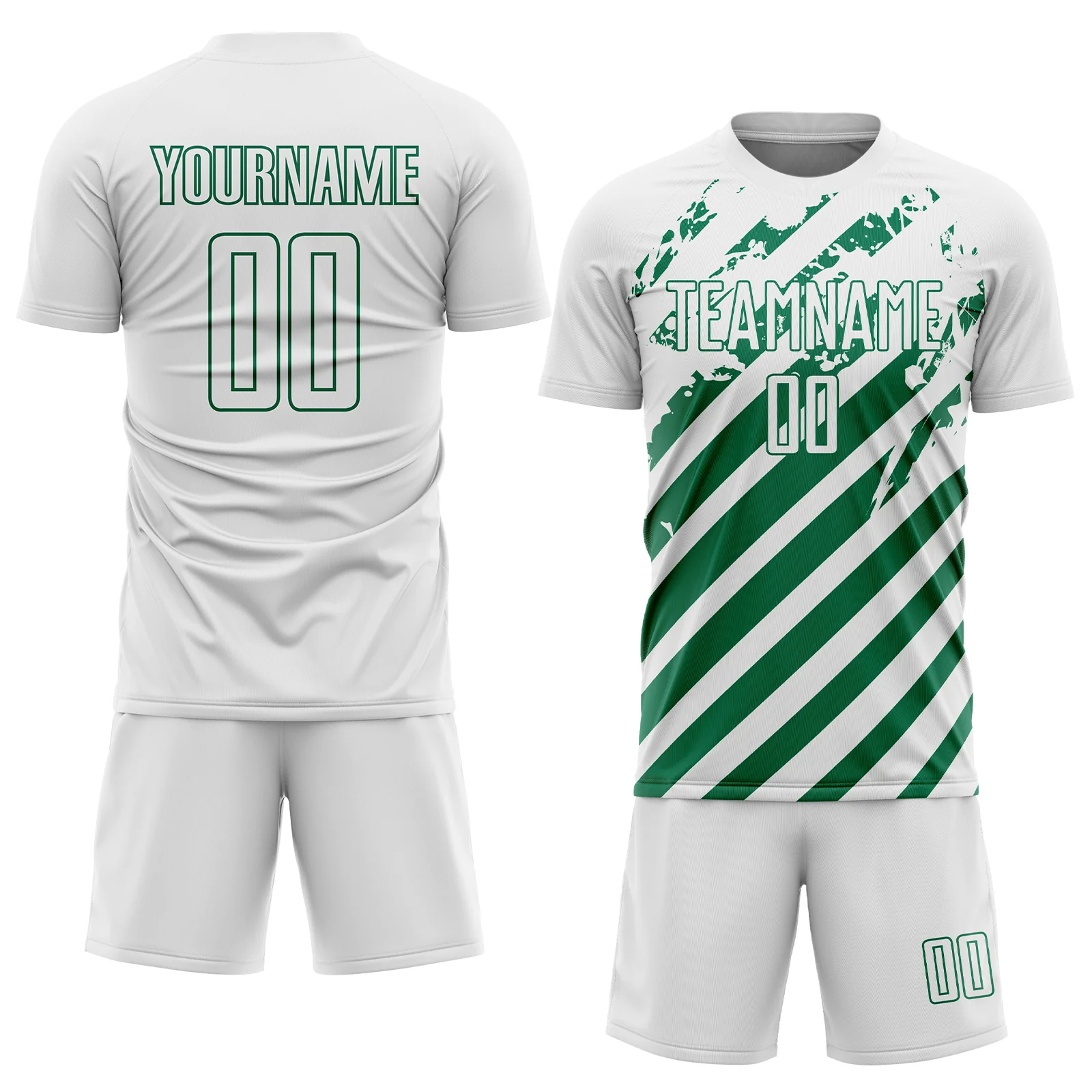 Custom White Kelly Green Distressed Diagonal Stripe Pattern Sports Sublimation Soccer Uniform Jersey - Image 2