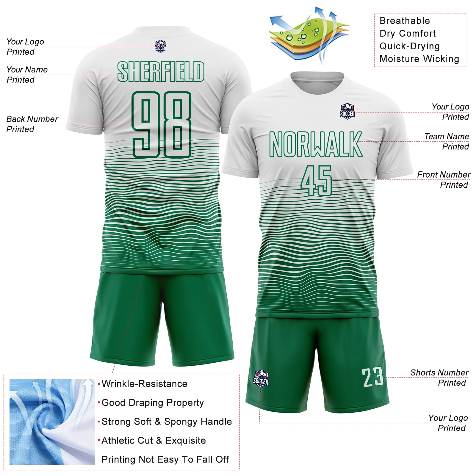 Custom White Kelly Green Gradient Wave Line Sports Sublimation Soccer Uniform Jersey - Image 4