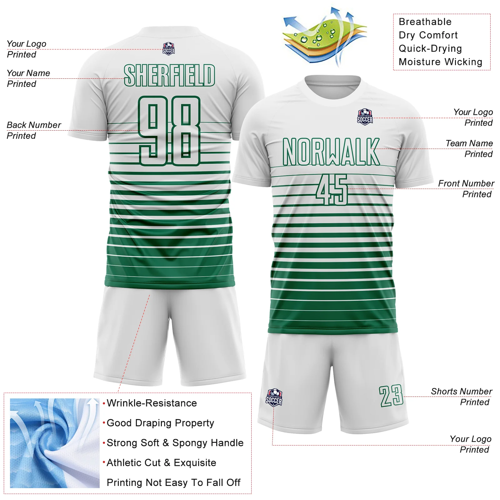 Custom White Kelly Green Gradient Pinstripe Sublimation Soccer Uniform Jersey - Image 4