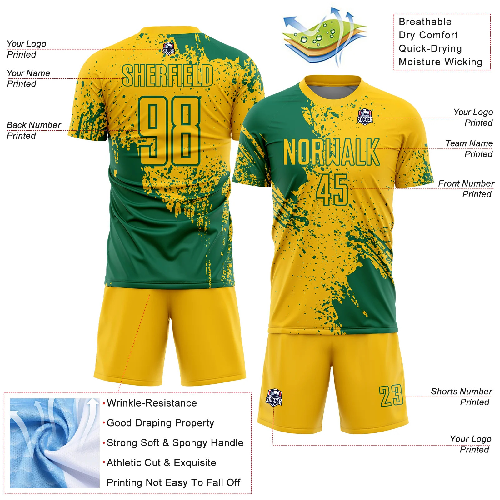 Custom Yellow Kelly Green Abstract Brush Stroke Sports Sublimation Soccer Uniform Jersey - Image 4