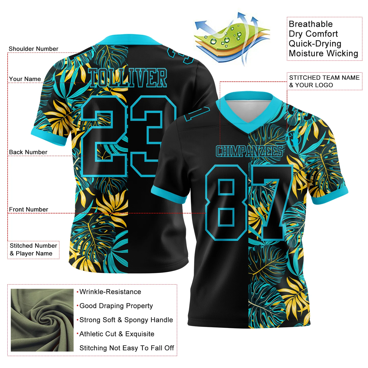 Custom Black Lakes Blue 3D Pattern Beach Tropical Hawaii Palm Leaves Authentic Football Jersey - Image 3