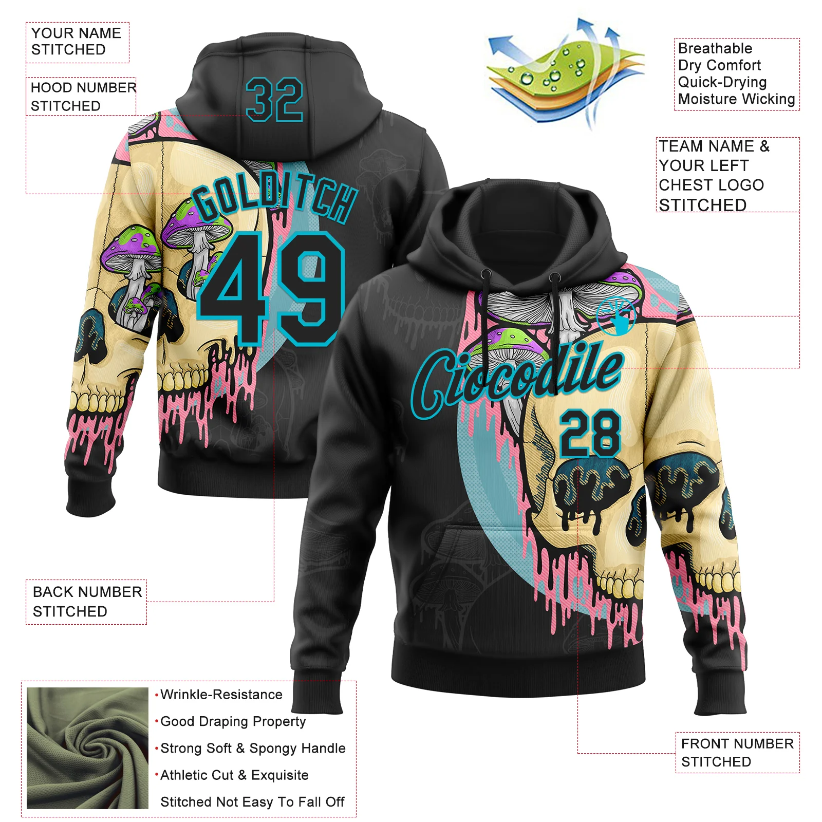 Custom Stitched Black Black-Lakes Blue 3D Illymakes Drippy Mushroom Skull Sports Pullover Sweatshirt Hoodie - Image 2