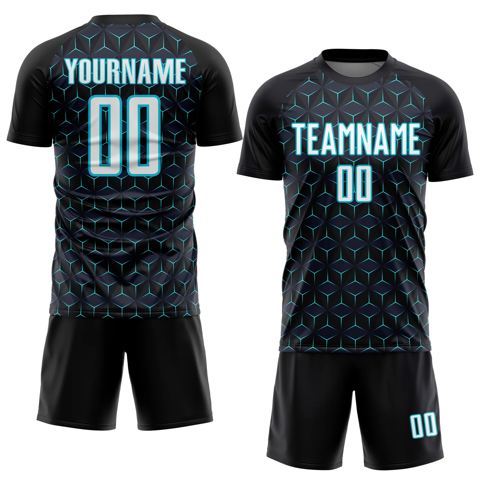 Custom Black White-Lakes Blue Geometric Shape Sublimation Soccer Uniform Jersey - Image 2