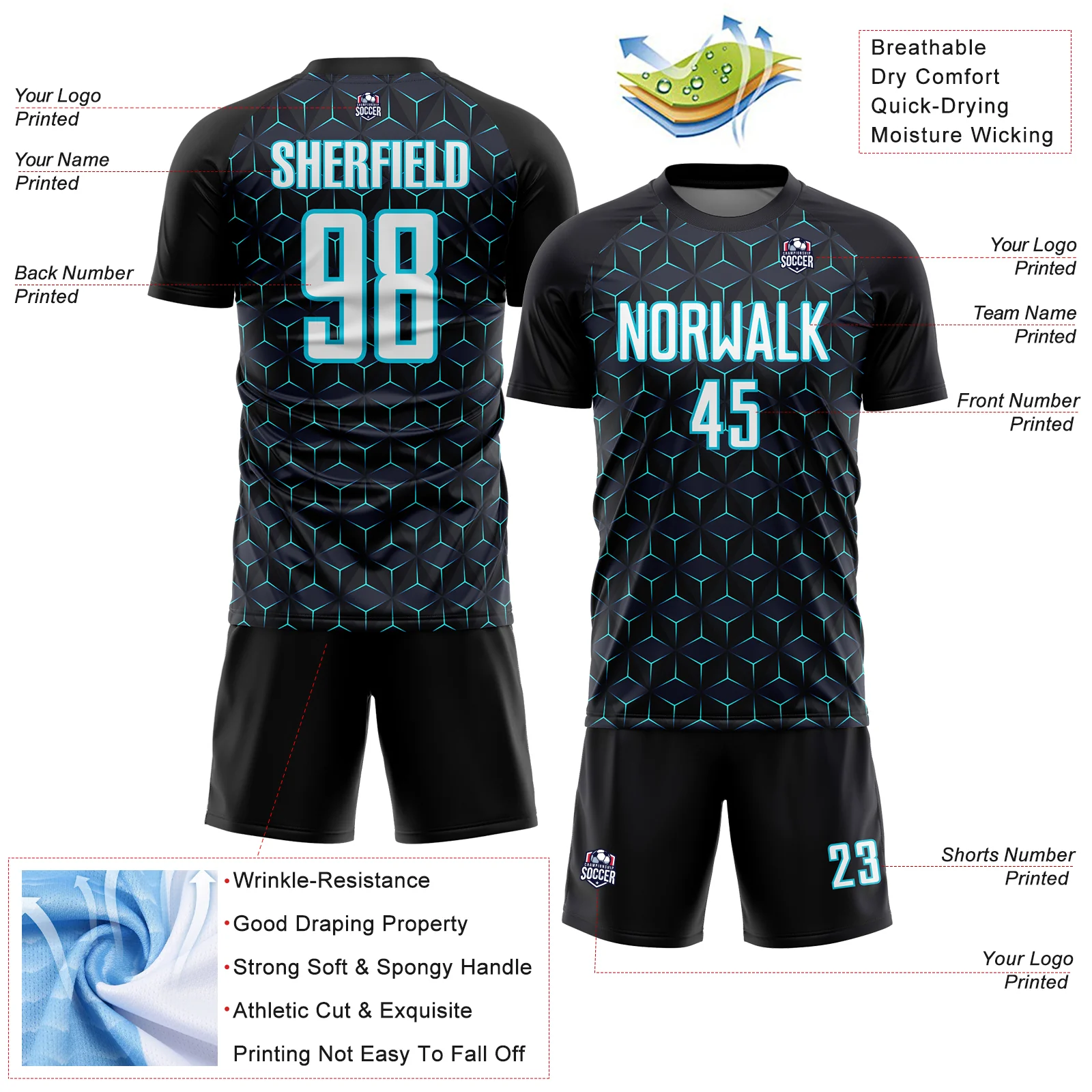 Custom Black White-Lakes Blue Geometric Shape Sublimation Soccer Uniform Jersey - Image 4