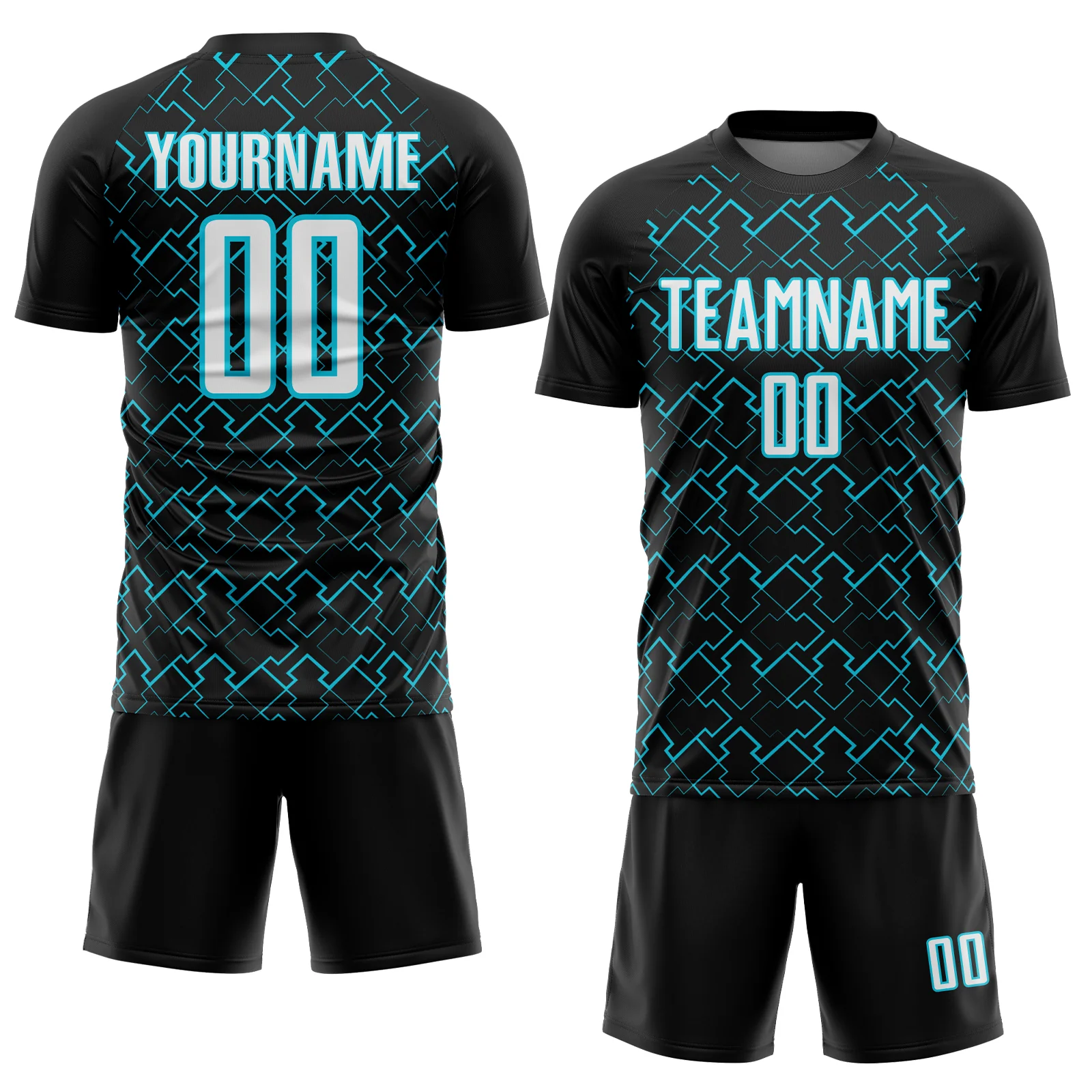 Custom Black White-Lakes Blue Geometric Shape Sublimation Soccer Uniform Jersey - Image 2