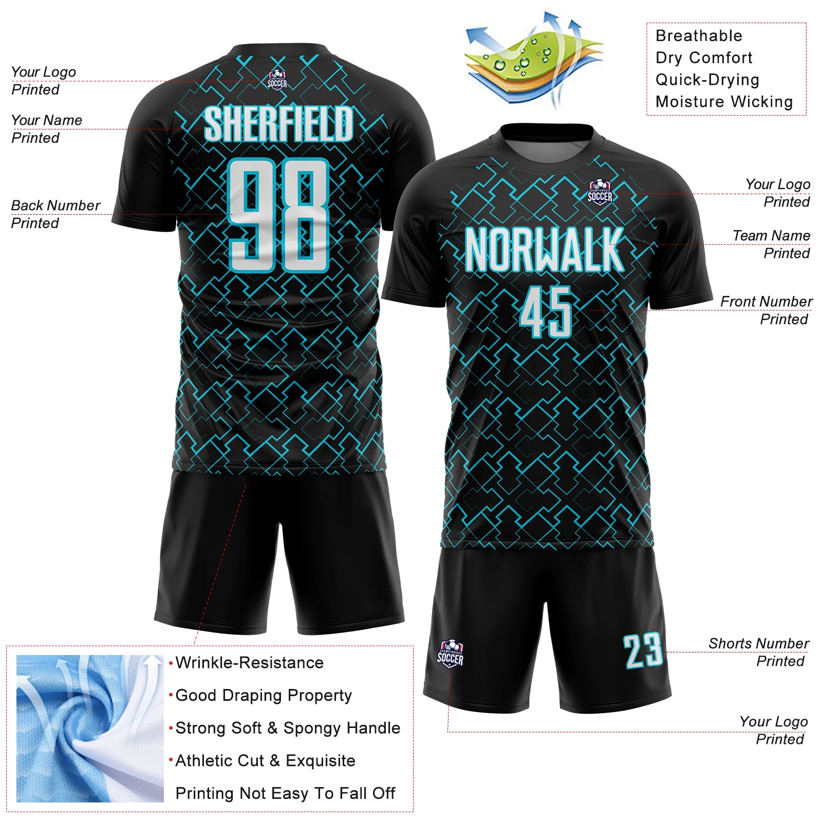 Custom Black White-Lakes Blue Geometric Shape Sublimation Soccer Uniform Jersey - Image 4