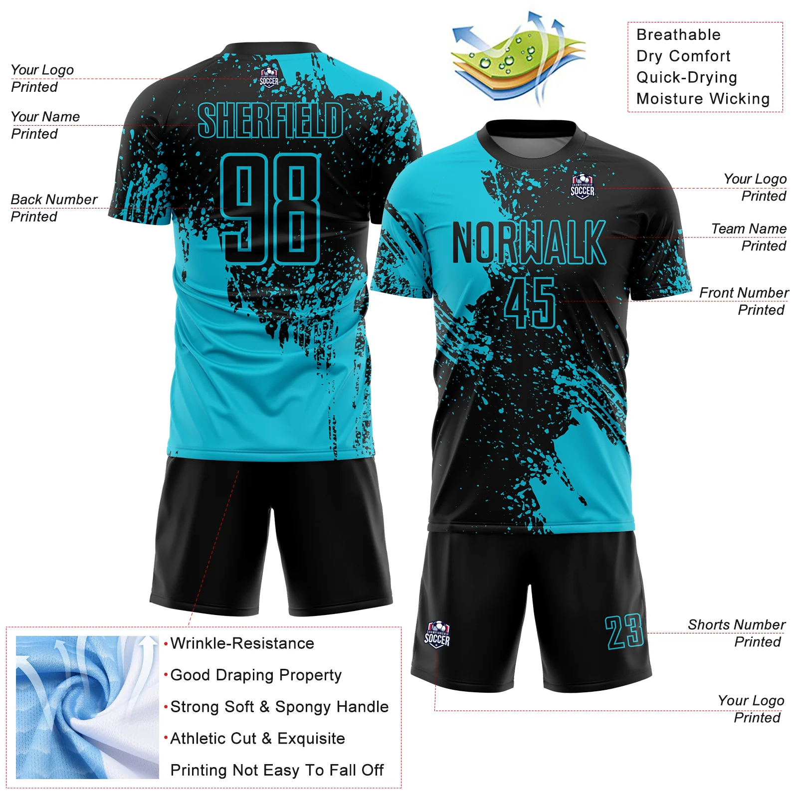Custom Black Lakes Blue Abstract Brush Stroke Sports Sublimation Soccer Uniform Jersey - Image 4