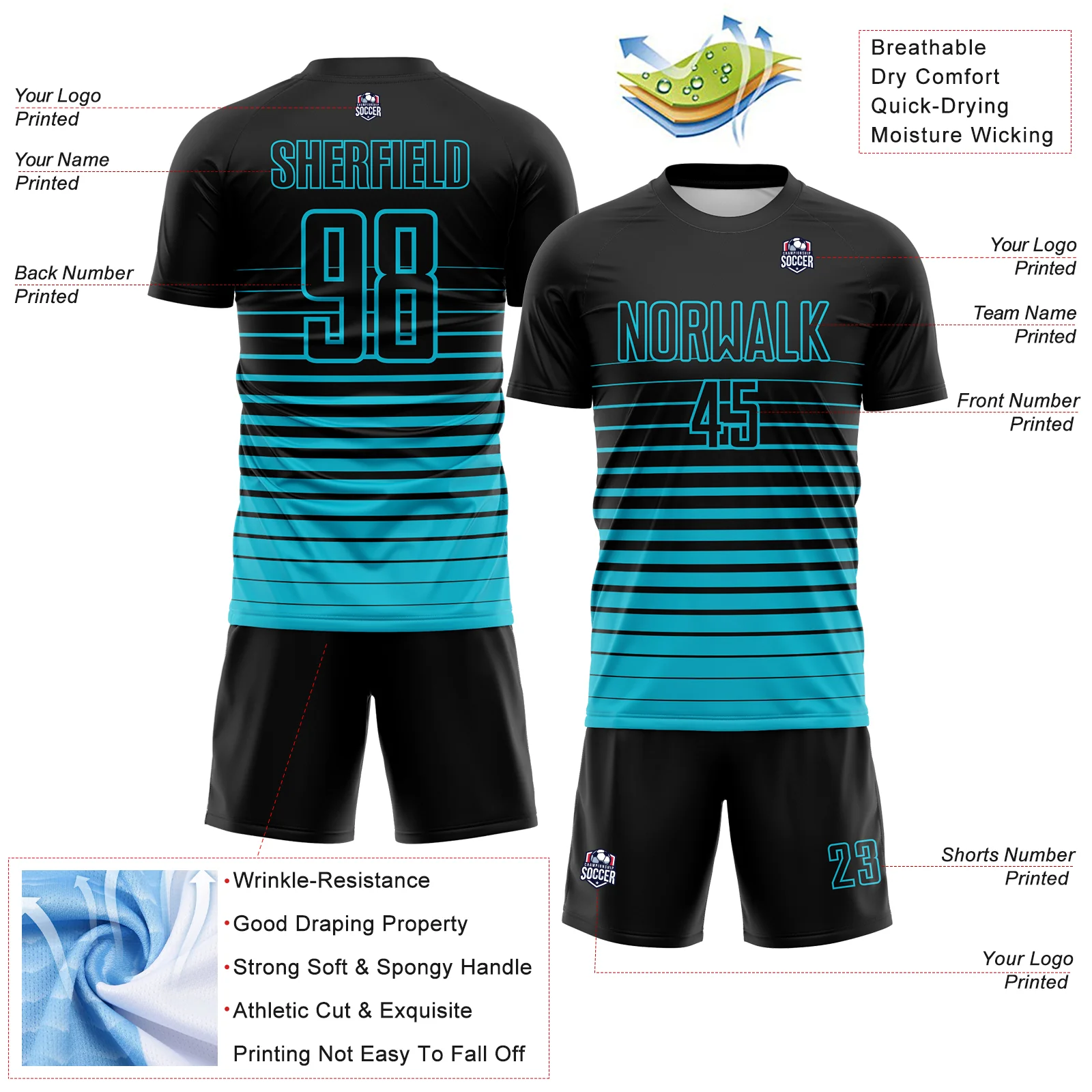 Custom Black Lakes Blue Gradient Pinstripe Sublimation Soccer Uniform Jersey - Image 4