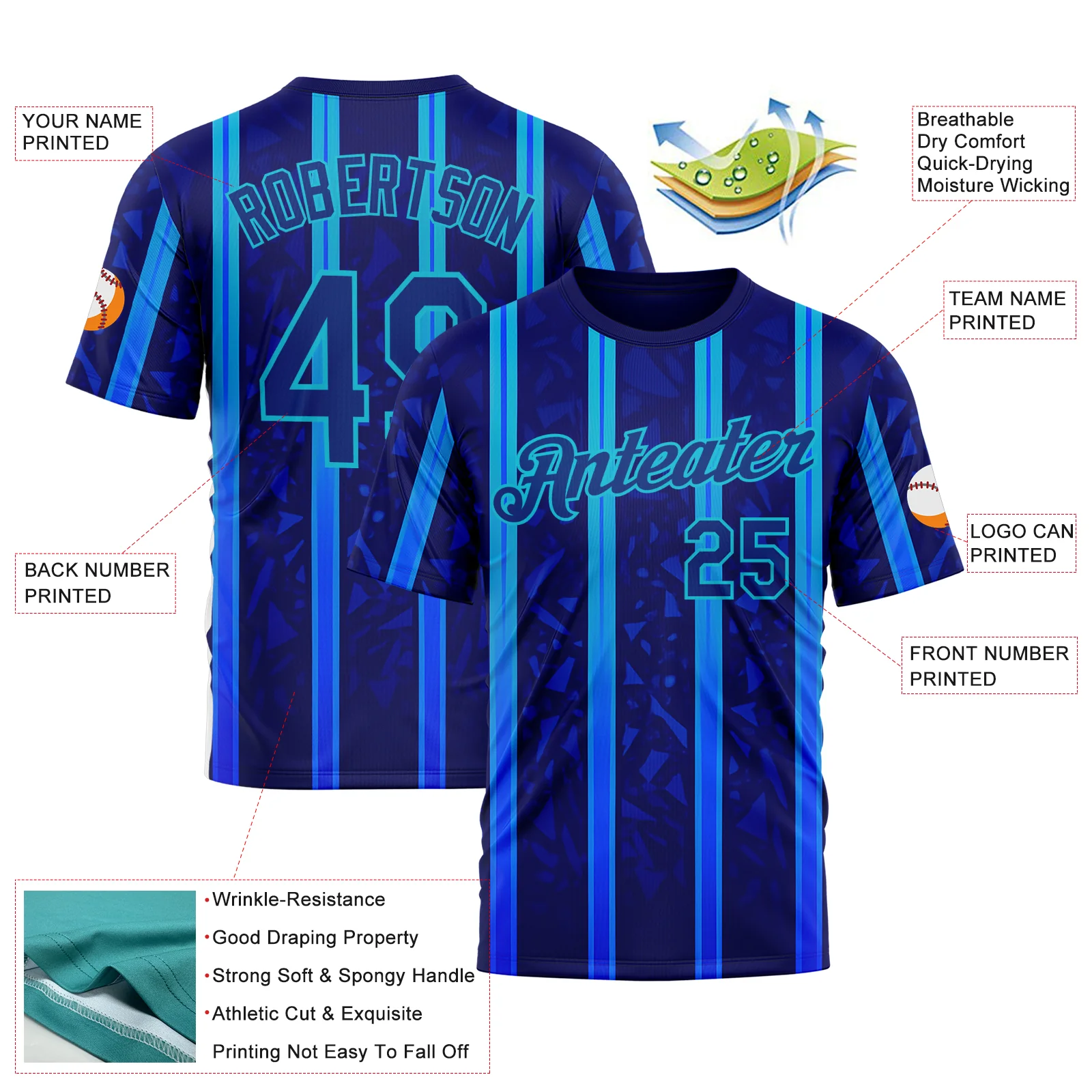 Custom Blue Royal-Lakes Blue 3D Pattern Design Classic Geometric Shape Stripe Sportswear Performance T-Shirt - Image 2