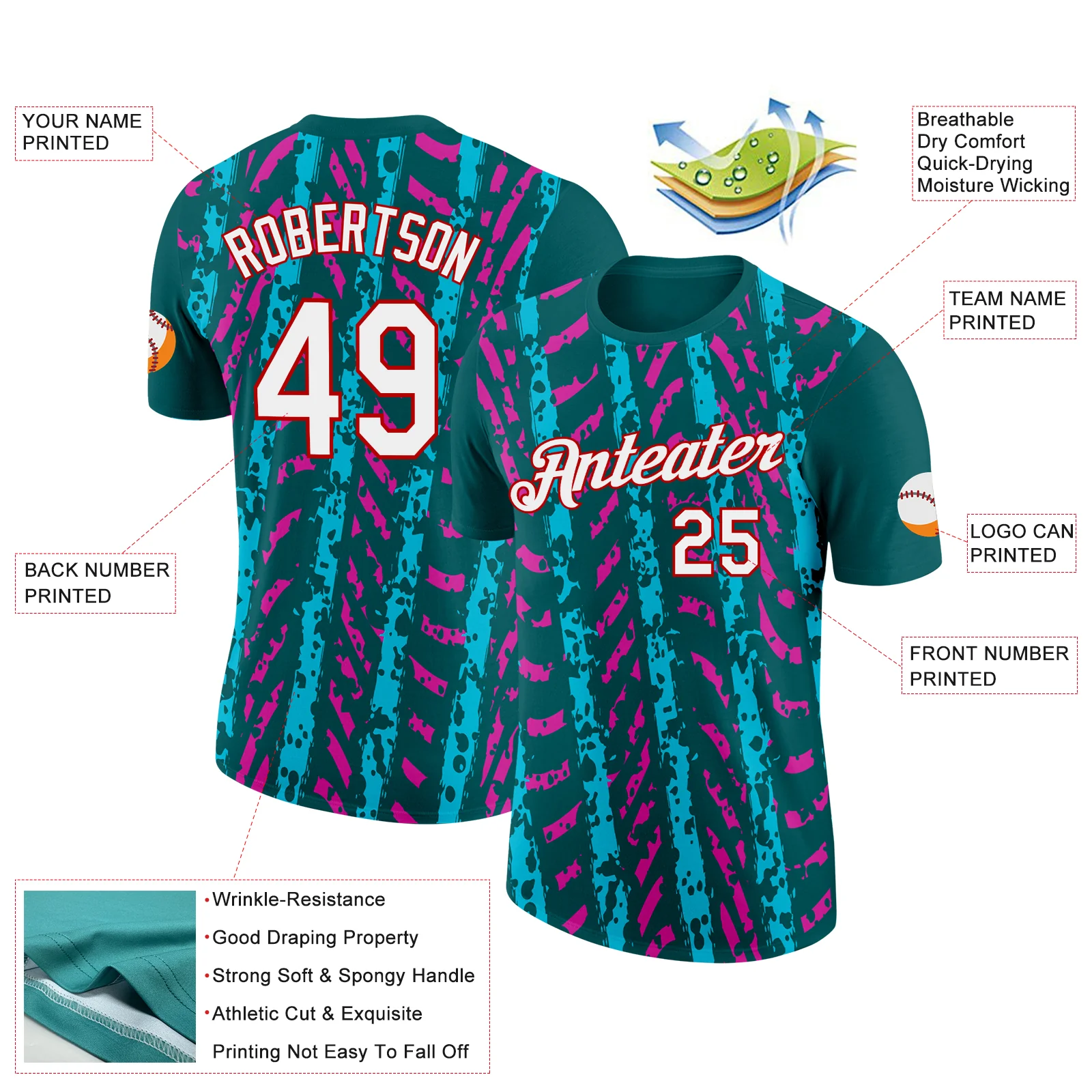 Custom Midnight Green Lakes Blue Deep Pink-Red 3D Esports Performance T-Shirt - Image 2