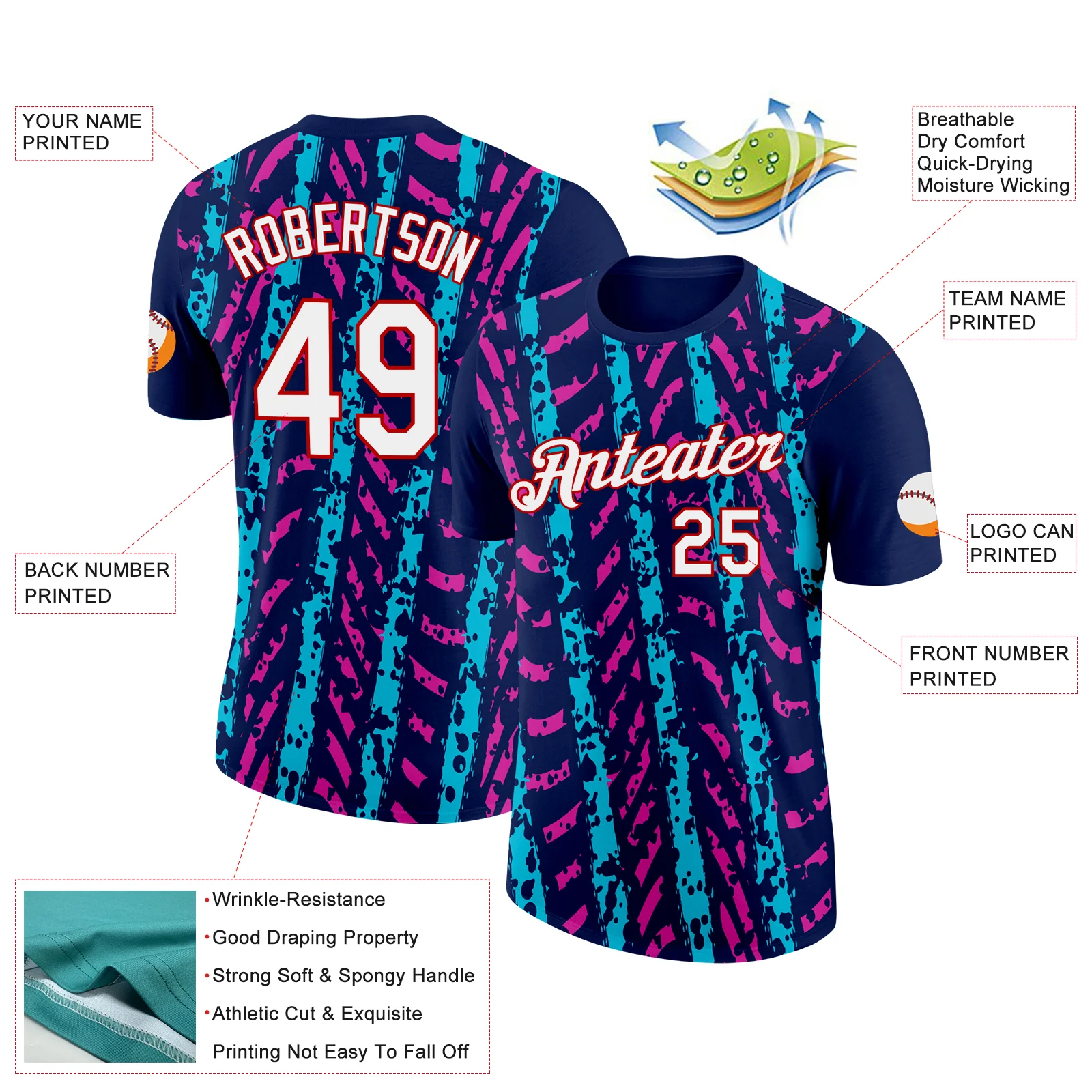 Custom Navy Lakes Blue Deep Pink-Red 3D Esports Performance T-Shirt - Image 2