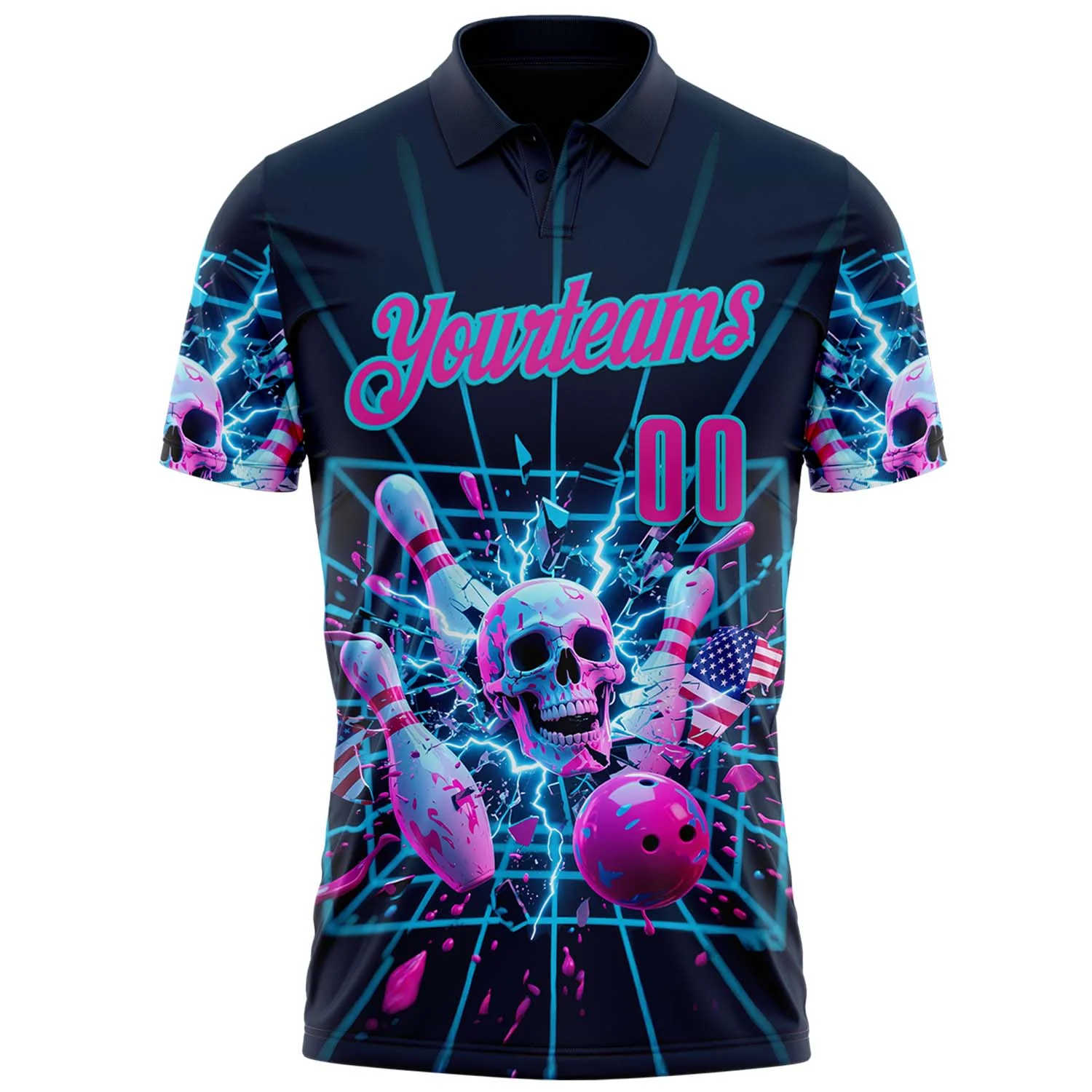 Custom Navy Deep Pink-Lakes Blue 3D American Flag Splash Lightning Skull Bowling Performance Polo Shirt - Image 2