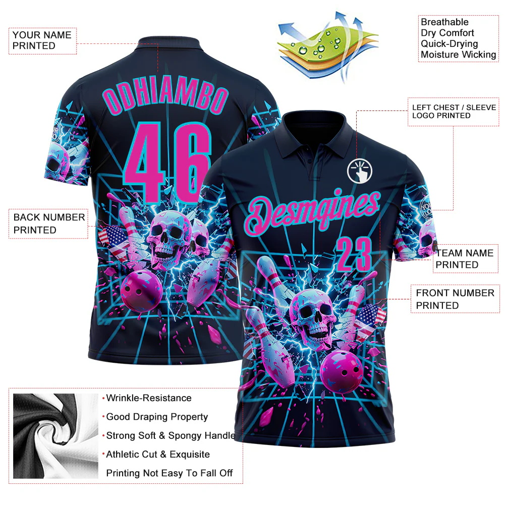 Custom Navy Deep Pink-Lakes Blue 3D American Flag Splash Lightning Skull Bowling Performance Polo Shirt - Image 3