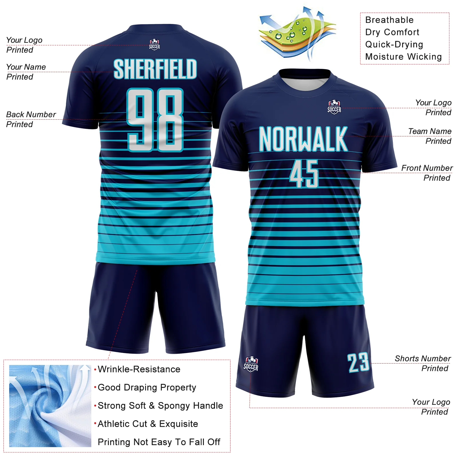 Custom Navy White-Lakes Blue Gradient Pinstripe Sublimation Soccer Uniform Jersey - Image 4