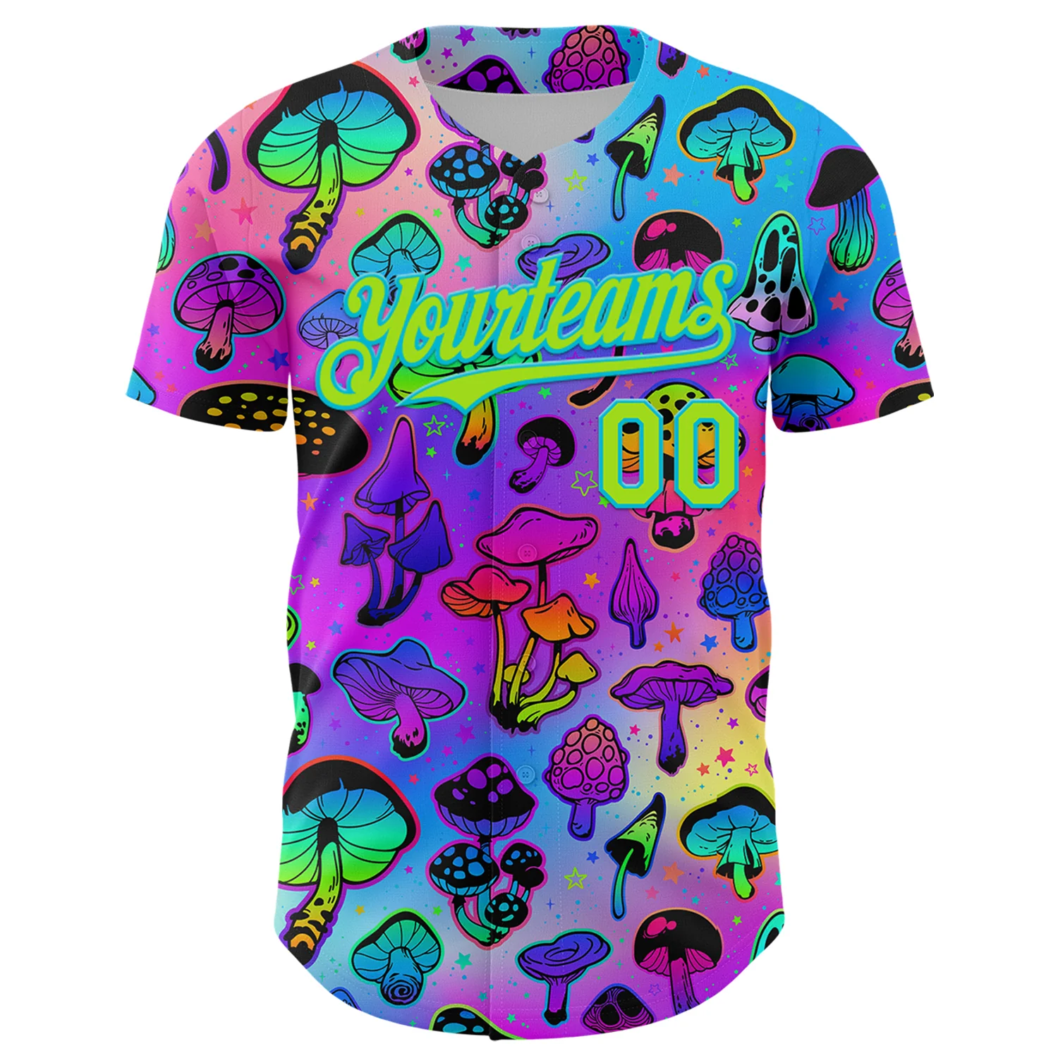 Custom Purple Neon Green-Lakes Blue 3D Pattern Design Trippy Psychedelic Magic Mushrooms Authentic Baseball Jersey - Image 2