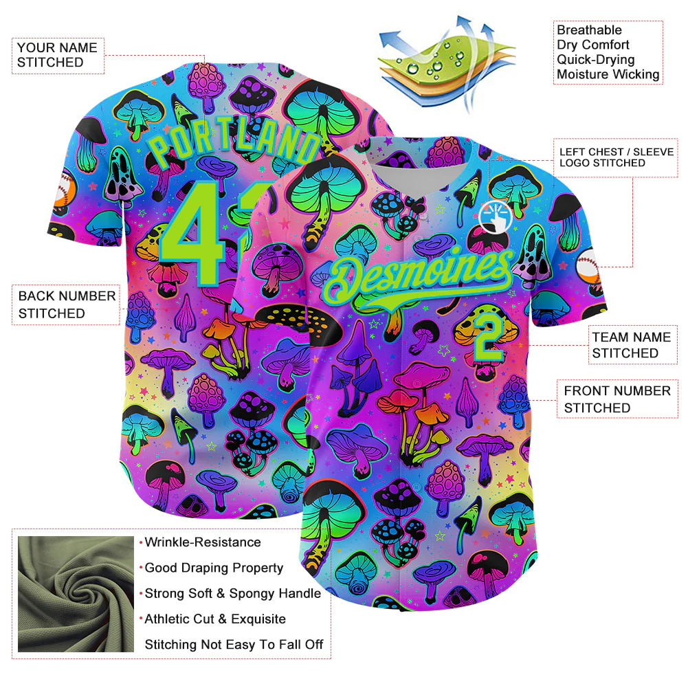 Custom Purple Neon Green-Lakes Blue 3D Pattern Design Trippy Psychedelic Magic Mushrooms Authentic Baseball Jersey - Image 3