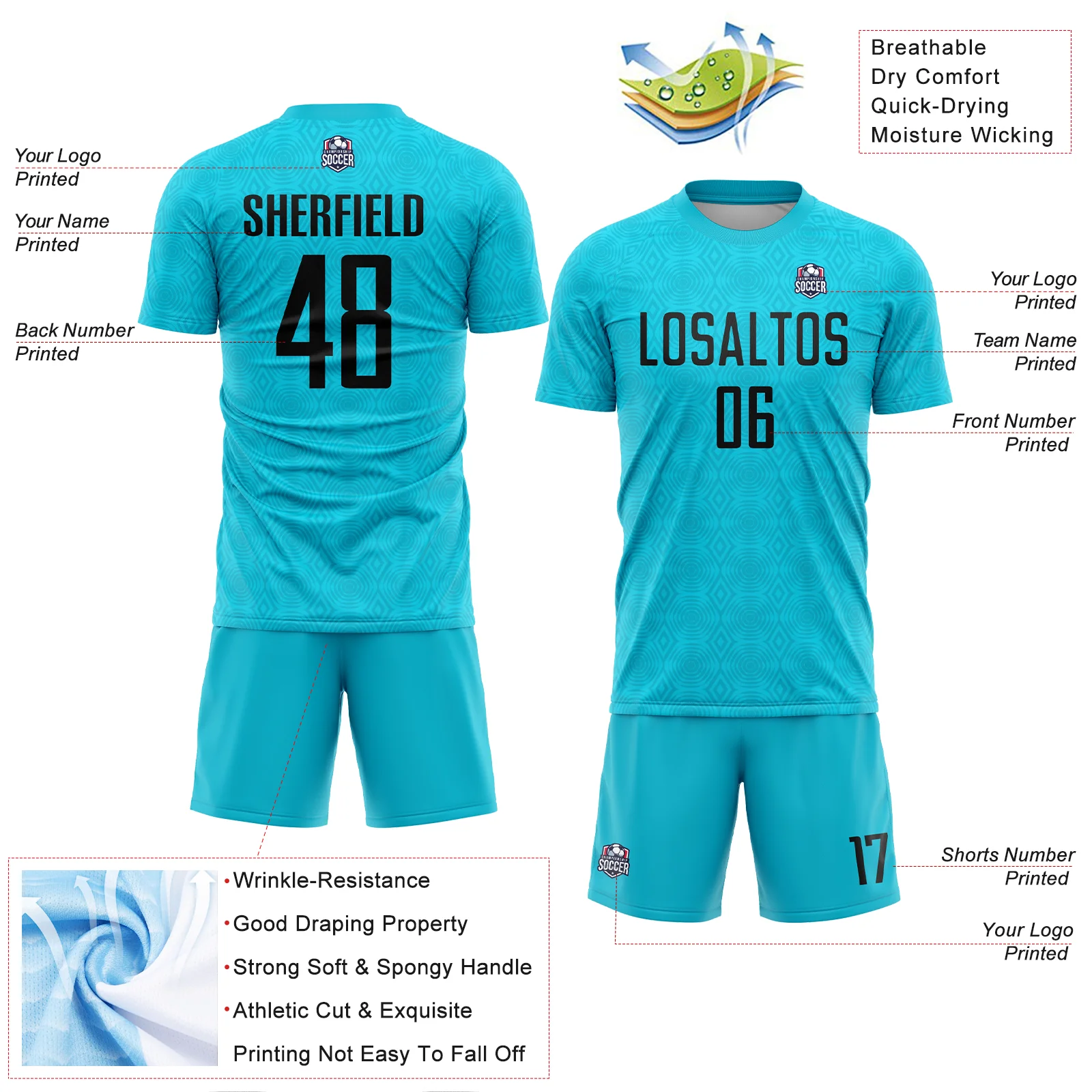 Custom Lakes Blue Black Geometric Shapes Sublimation Soccer Uniform Jersey - Image 4