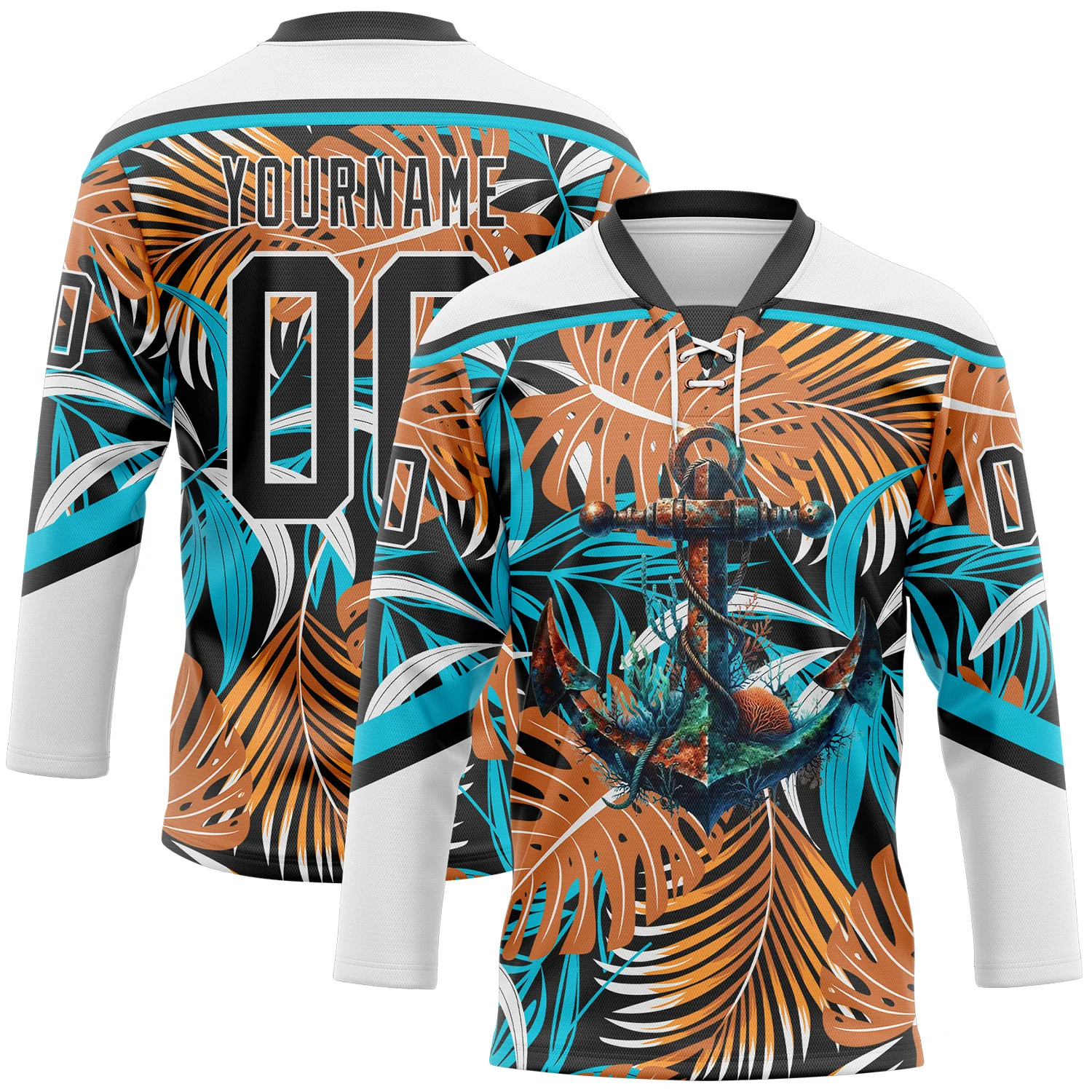 Custom White Black-Lakes Blue Hawaii Tropical Palm Trees Hockey Lace Neck Jersey
