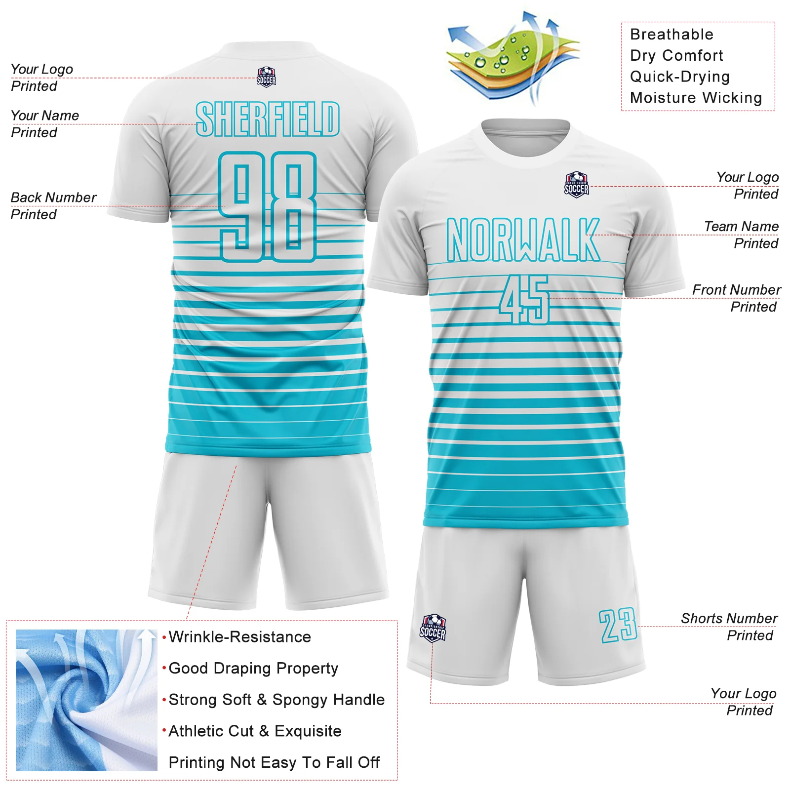 Custom White Lakes Blue Gradient Pinstripe Sublimation Soccer Uniform Jersey - Image 4