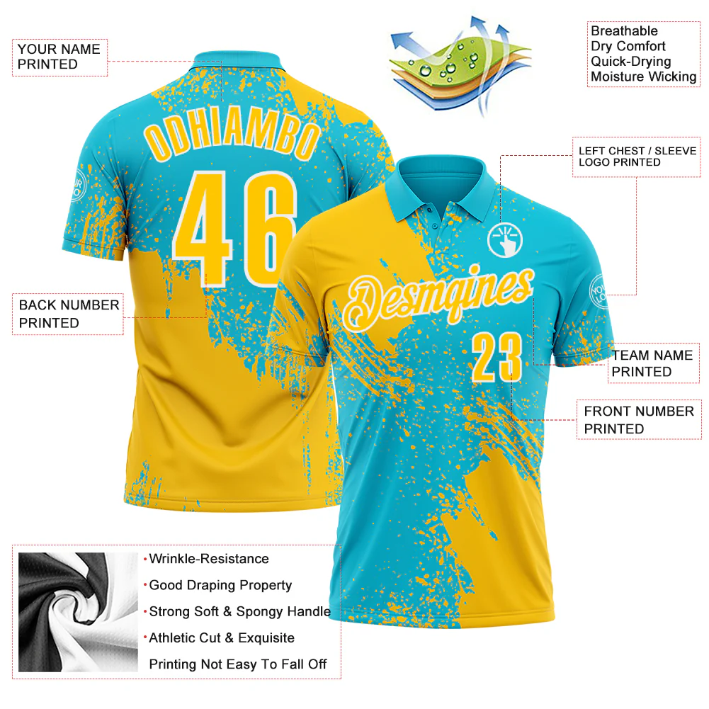 Custom Yellow Lakes Blue-White 3D Pattern Design Abstract Brush Stroke Performance Polo Shirt - Image 3
