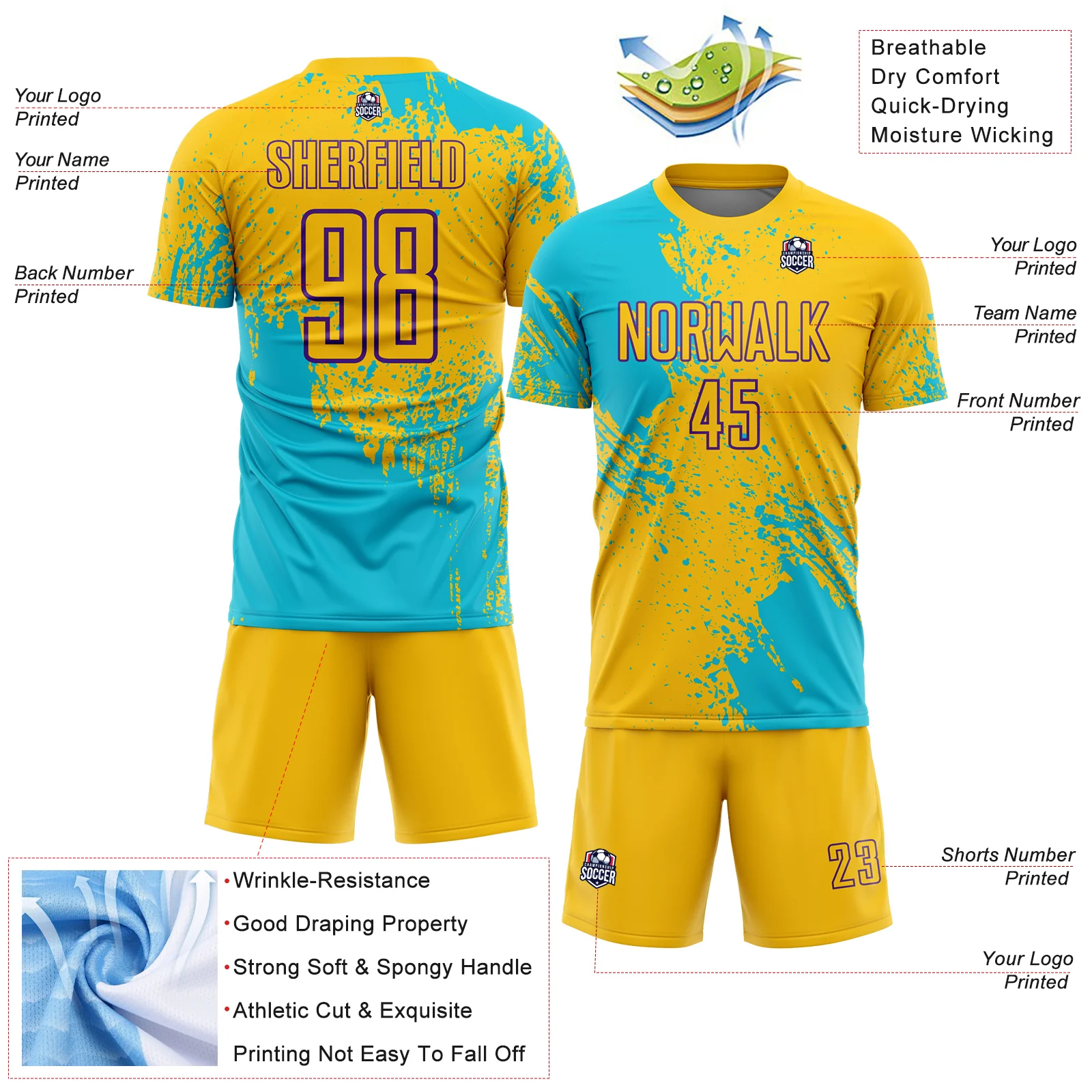 Custom Yellow Lakes Blue-Purple Abstract Brush Stroke Sports Sublimation Soccer Uniform Jersey - Image 4