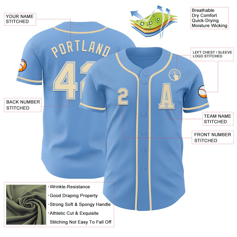 Custom Light Blue Cream Authentic Baseball Jersey - Image 2