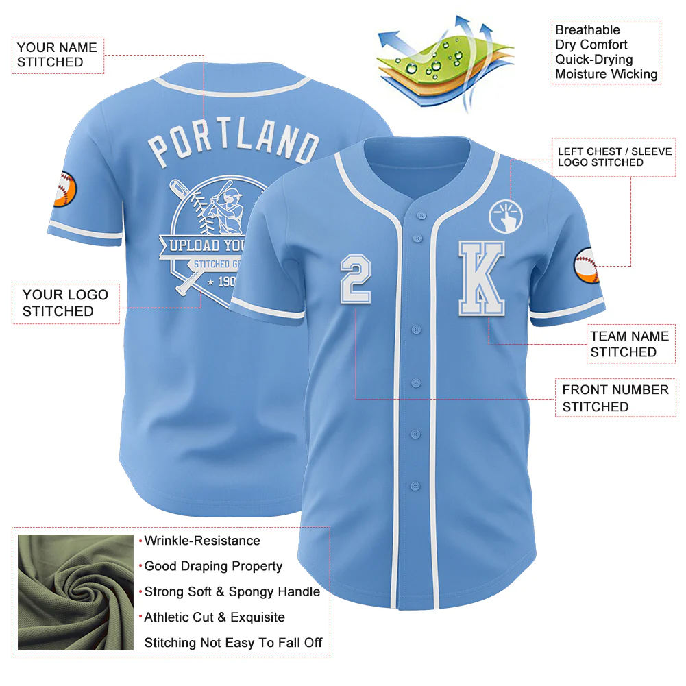 Custom Light Blue White Authentic Baseball Jersey - Image 6