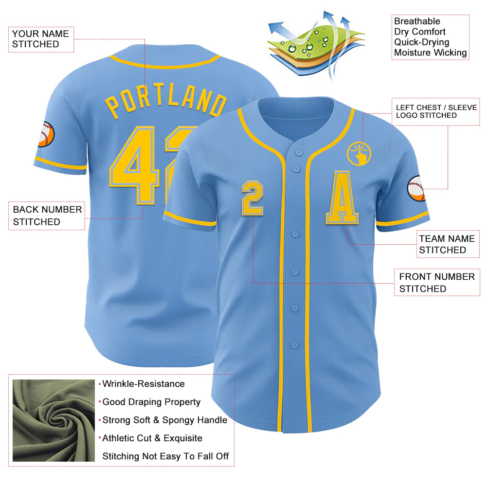 Custom Light Blue Yellow Authentic Baseball Jersey - Image 2