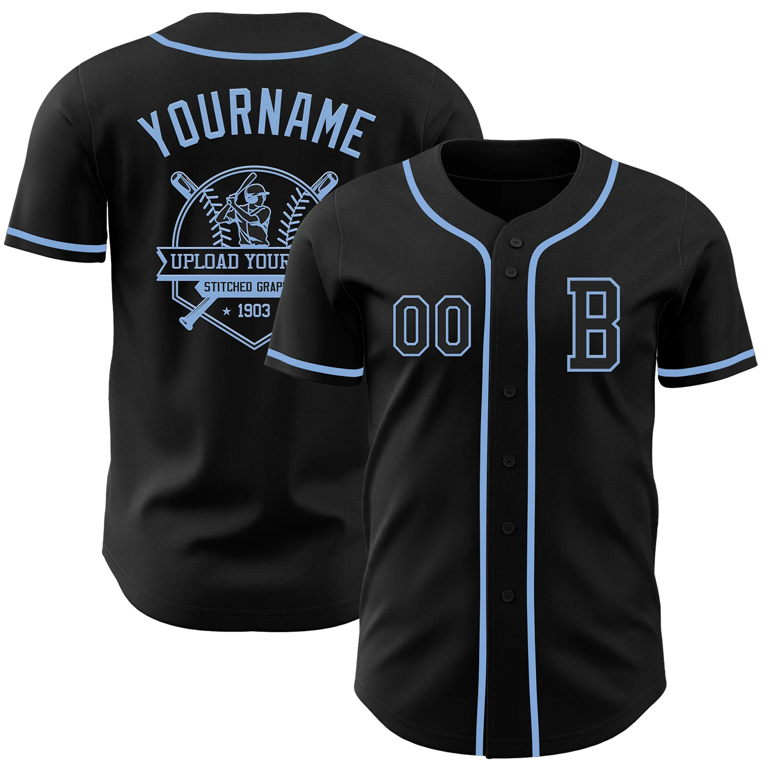 Custom Black Light Blue Authentic Baseball Jersey - Image 5