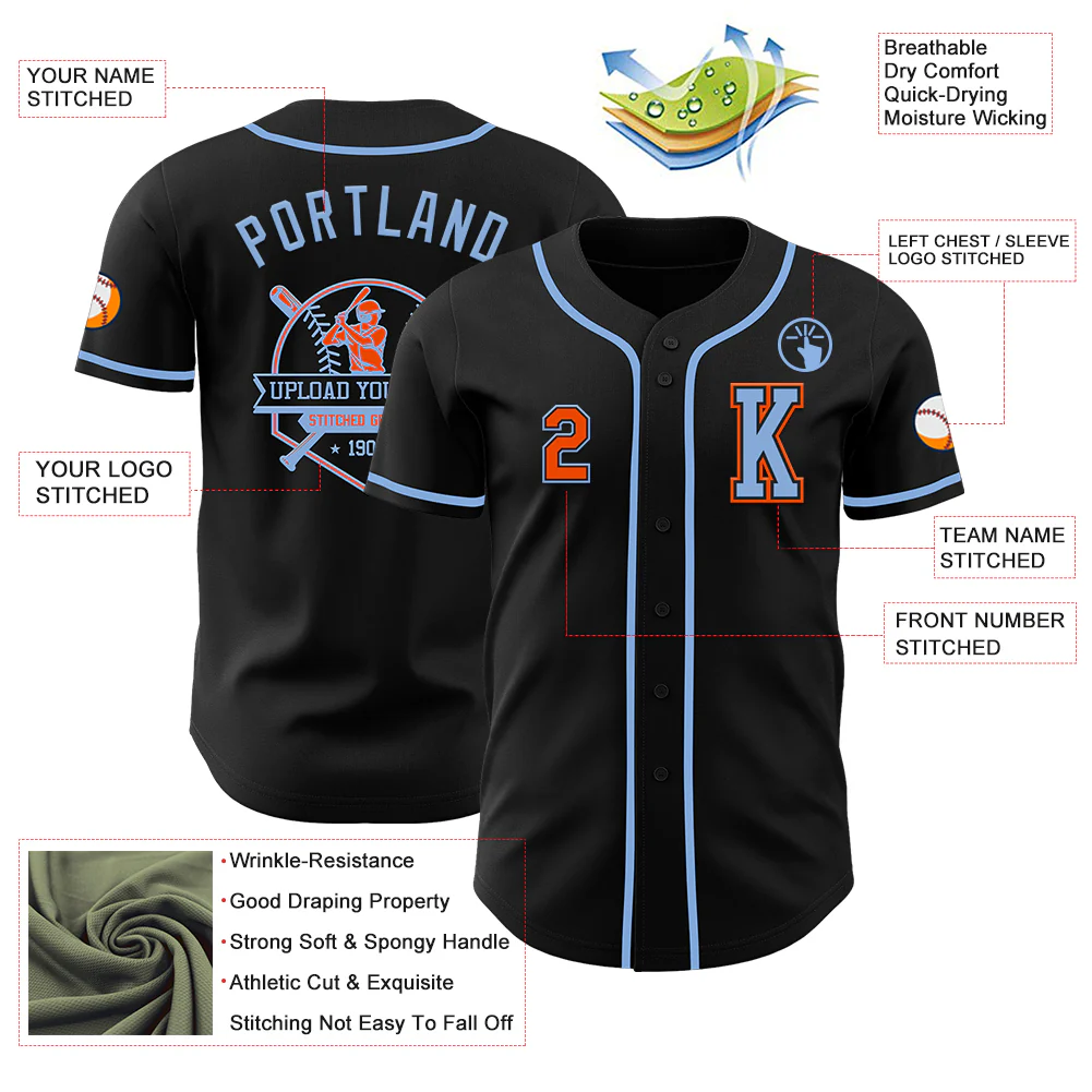 Custom Black Orange-Light Blue Authentic Baseball Jersey - Image 6