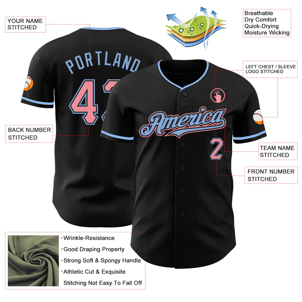 Custom Black Medium Pink-Light Blue Authentic Baseball Jersey - Image 3
