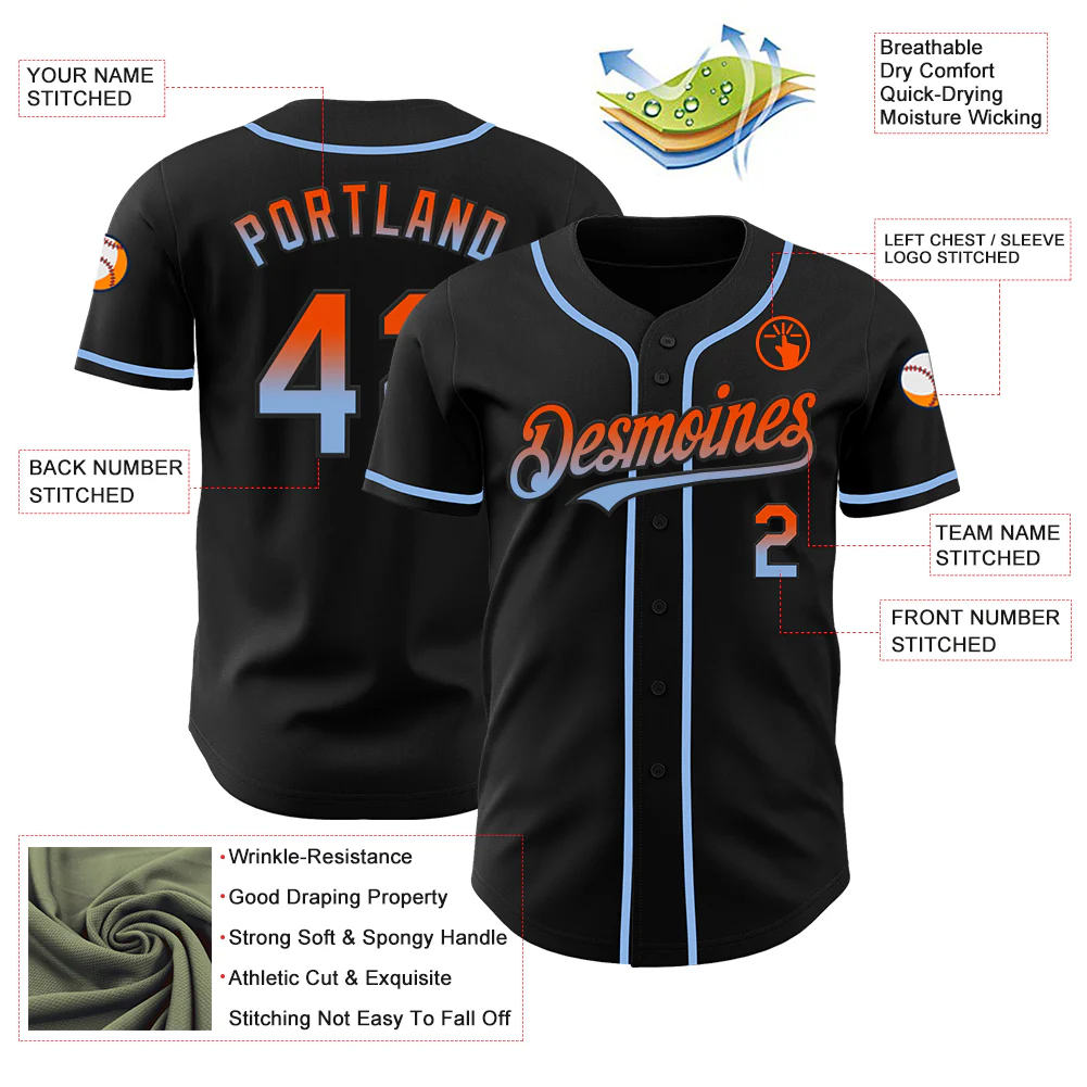 Custom Black Orange-Light Blue Authentic Fade Fashion Baseball Jersey - Image 3