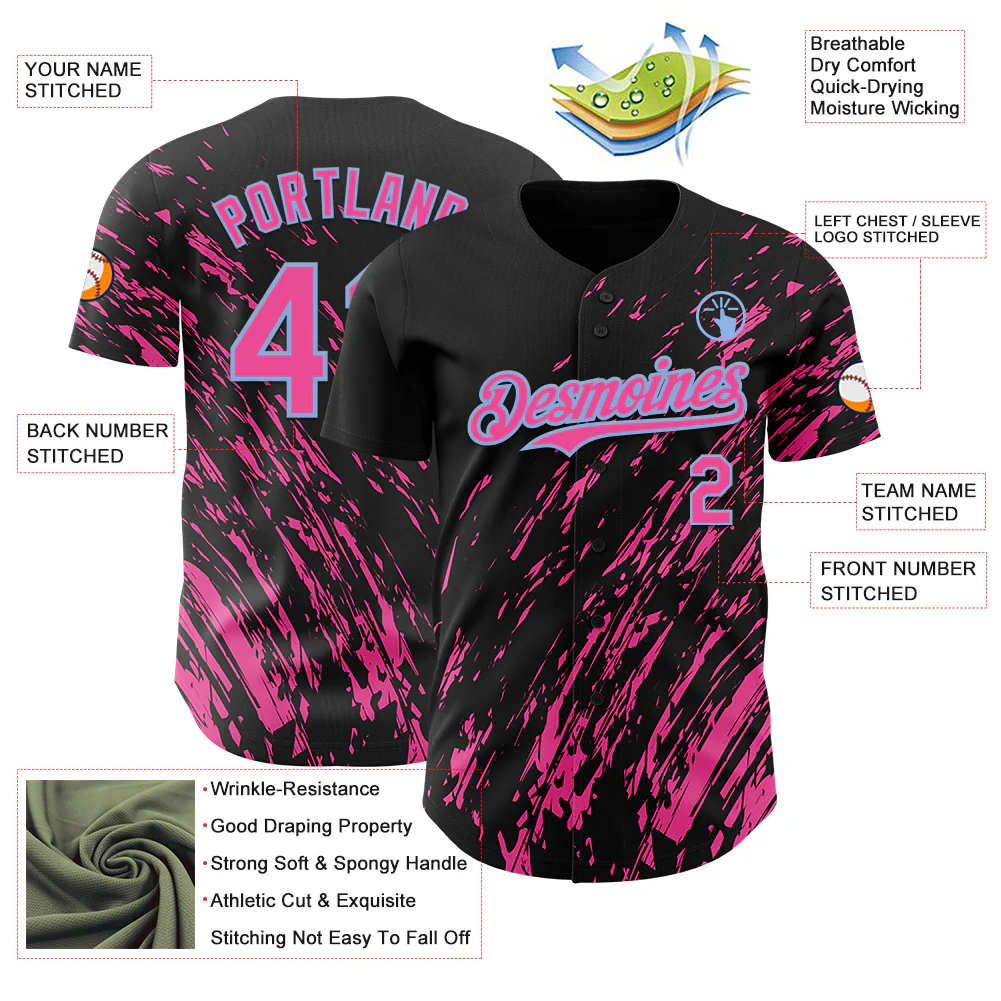 Custom Black Pink-Light Blue Paint Stroke Grunge Streak Authentic Baseball Jersey - Image 3